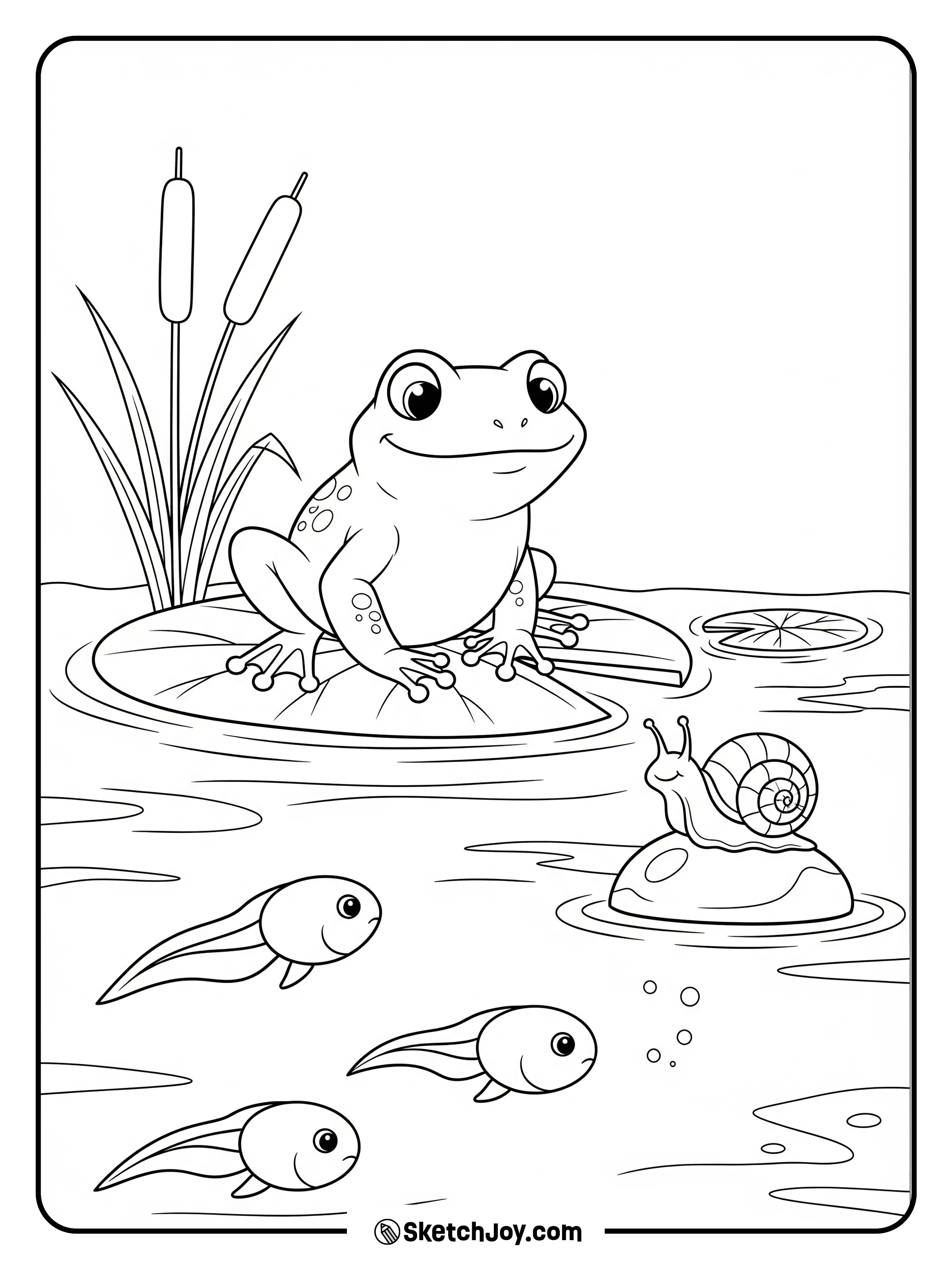 A frog watches tadpoles swim near a pad.
