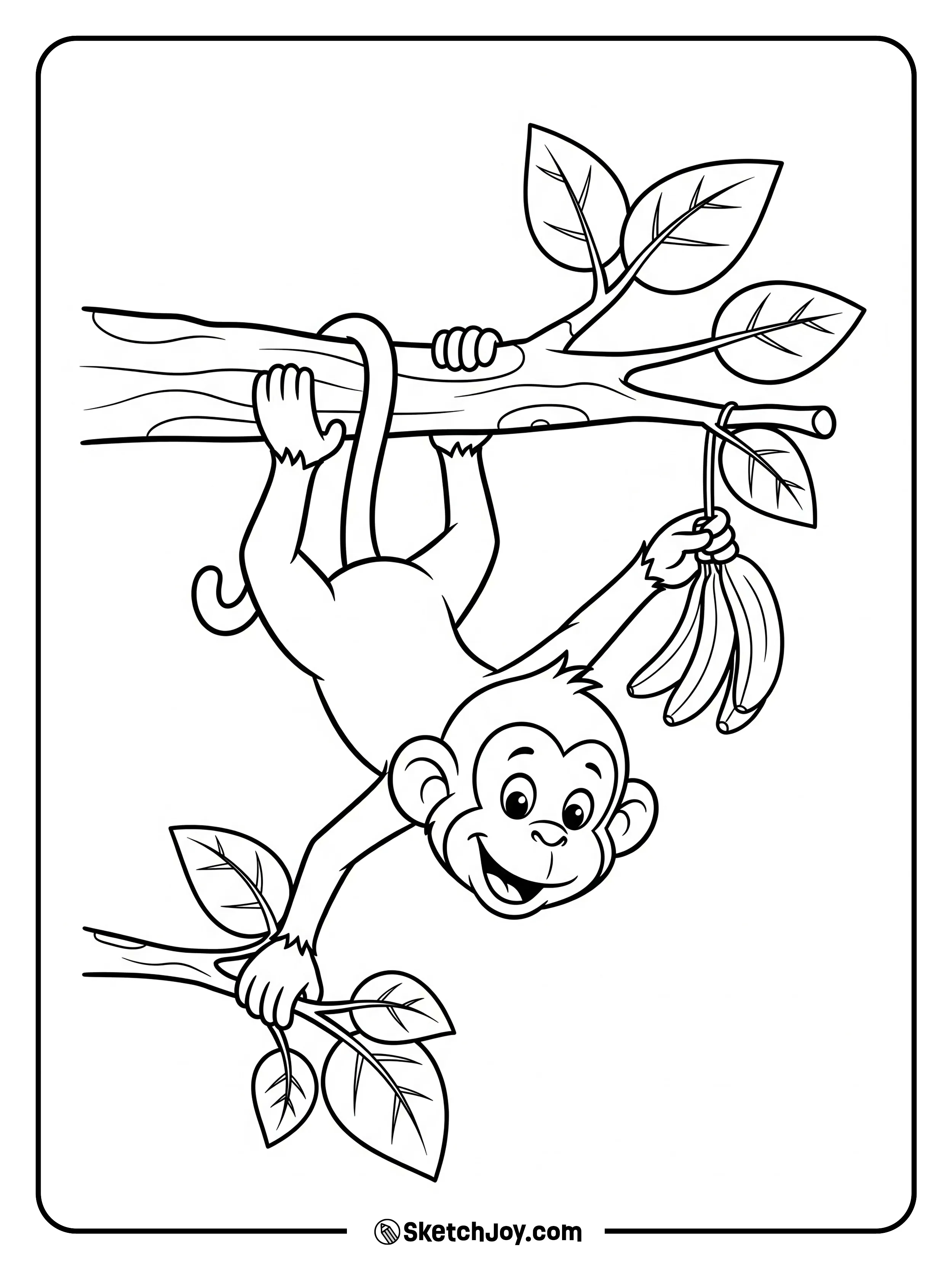 A monkey hangs by its tail and reaches for a banana bunch.