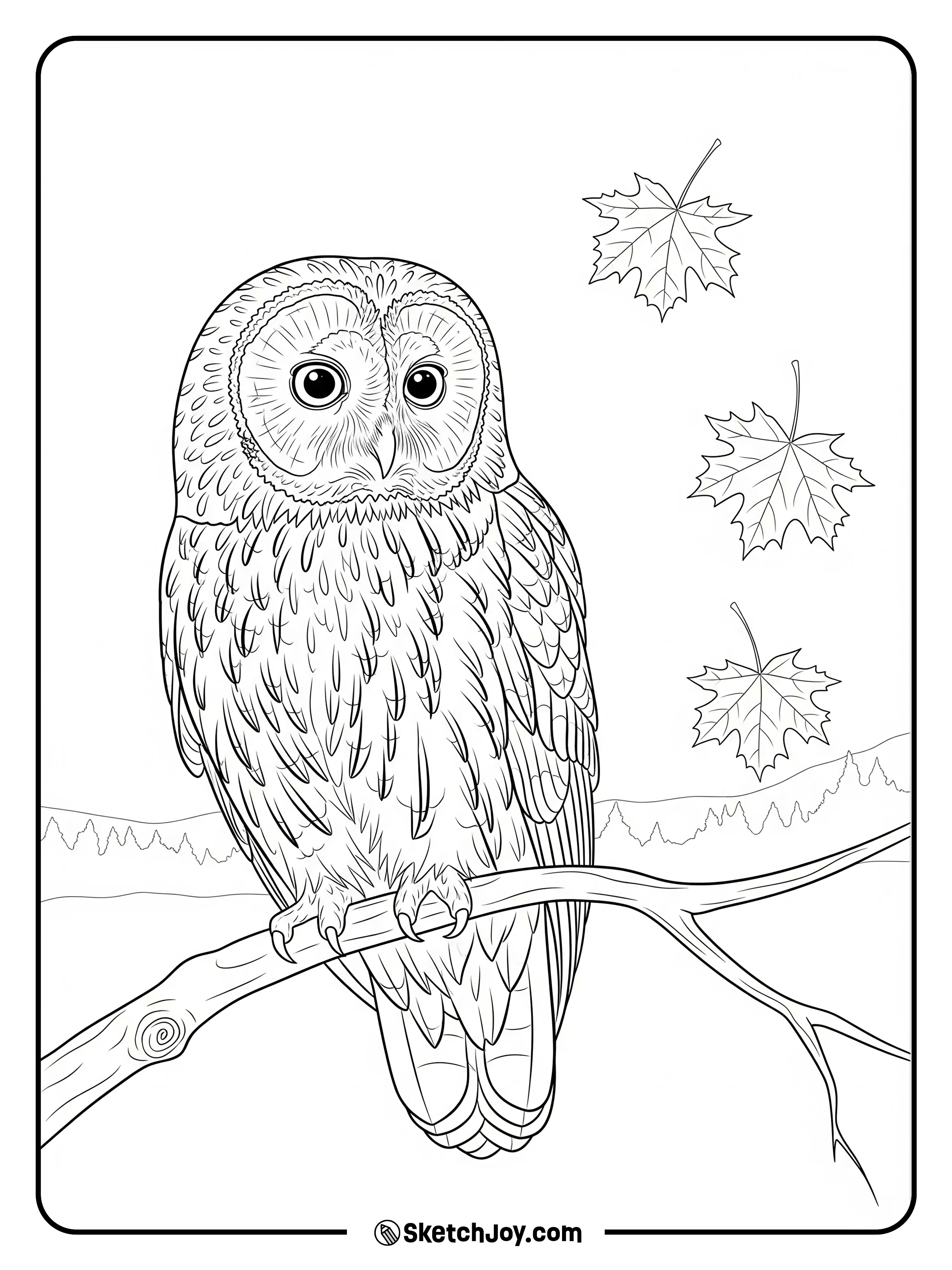 An owl sits on a branch with a few falling leaves around.