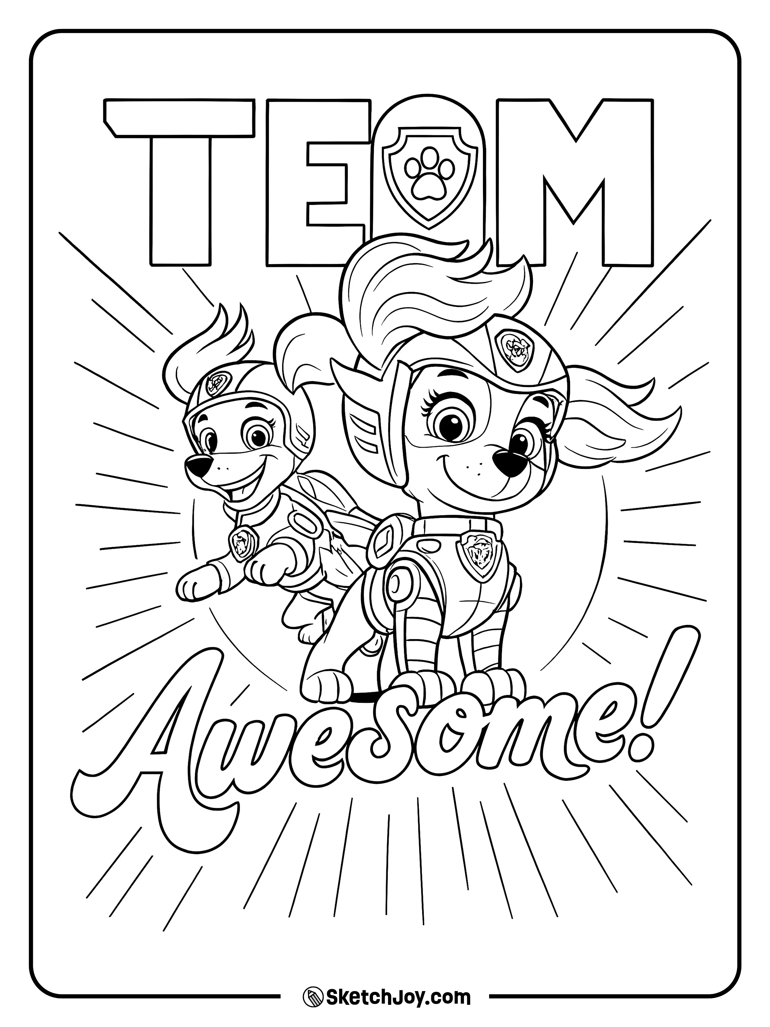 Skye leads the way in her Mighty Pups suit with a teammate pup flying behind