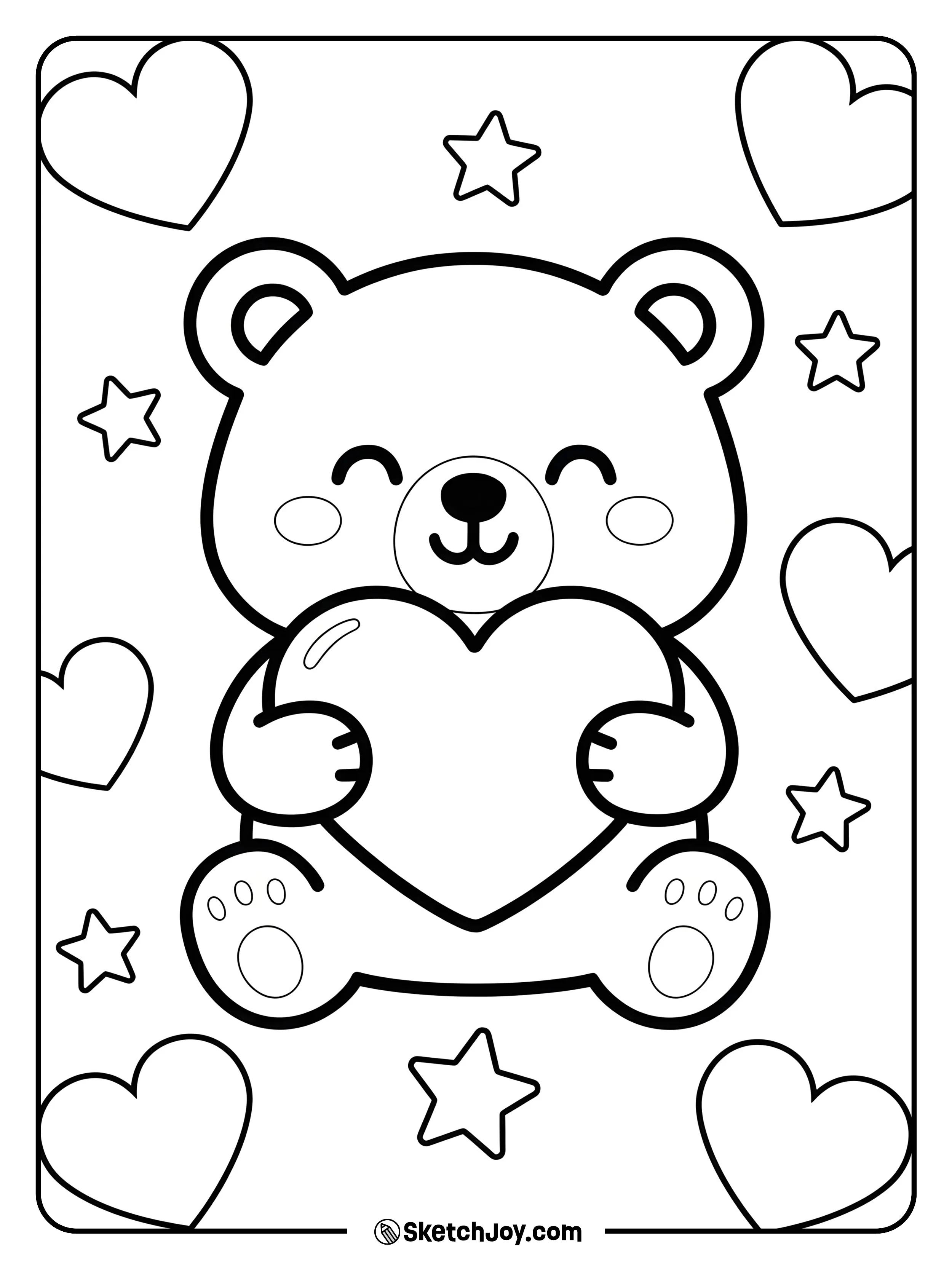 A chubby teddy sits and hugs a big heart.