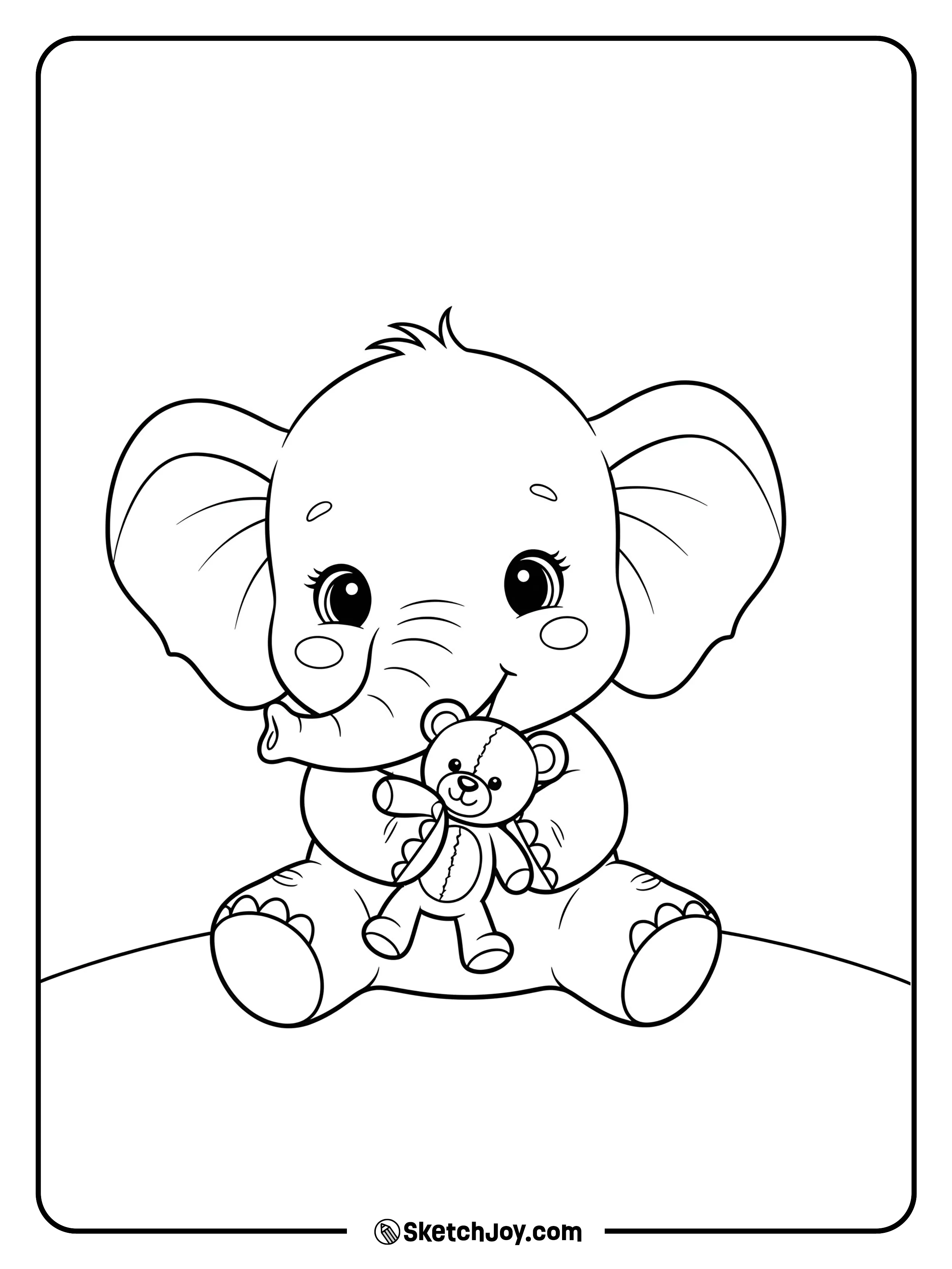 A baby elephant snuggles a small teddy bear while sitting.