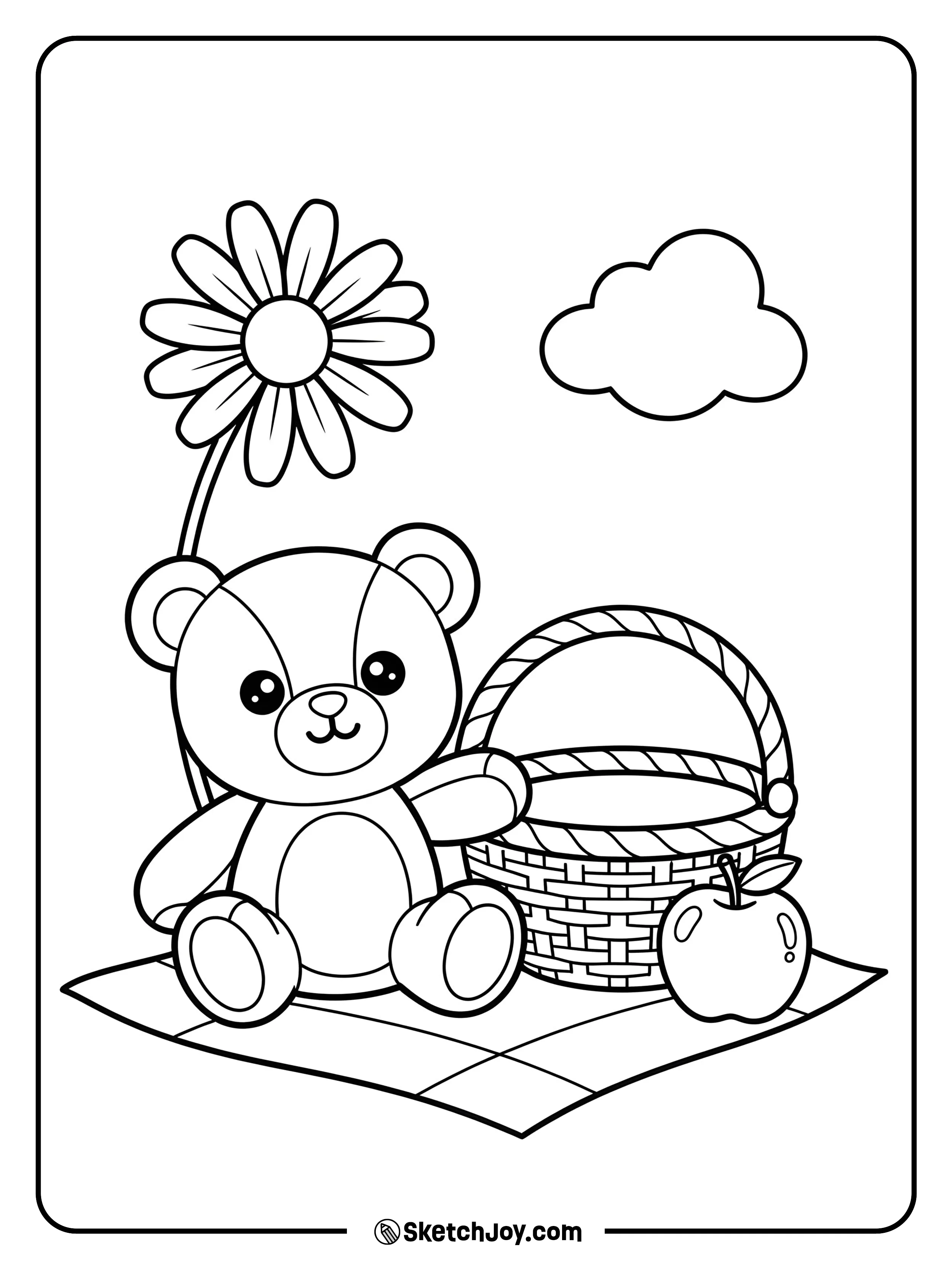 A teddy sits by a picnic basket with an apple on a checkered cloth.