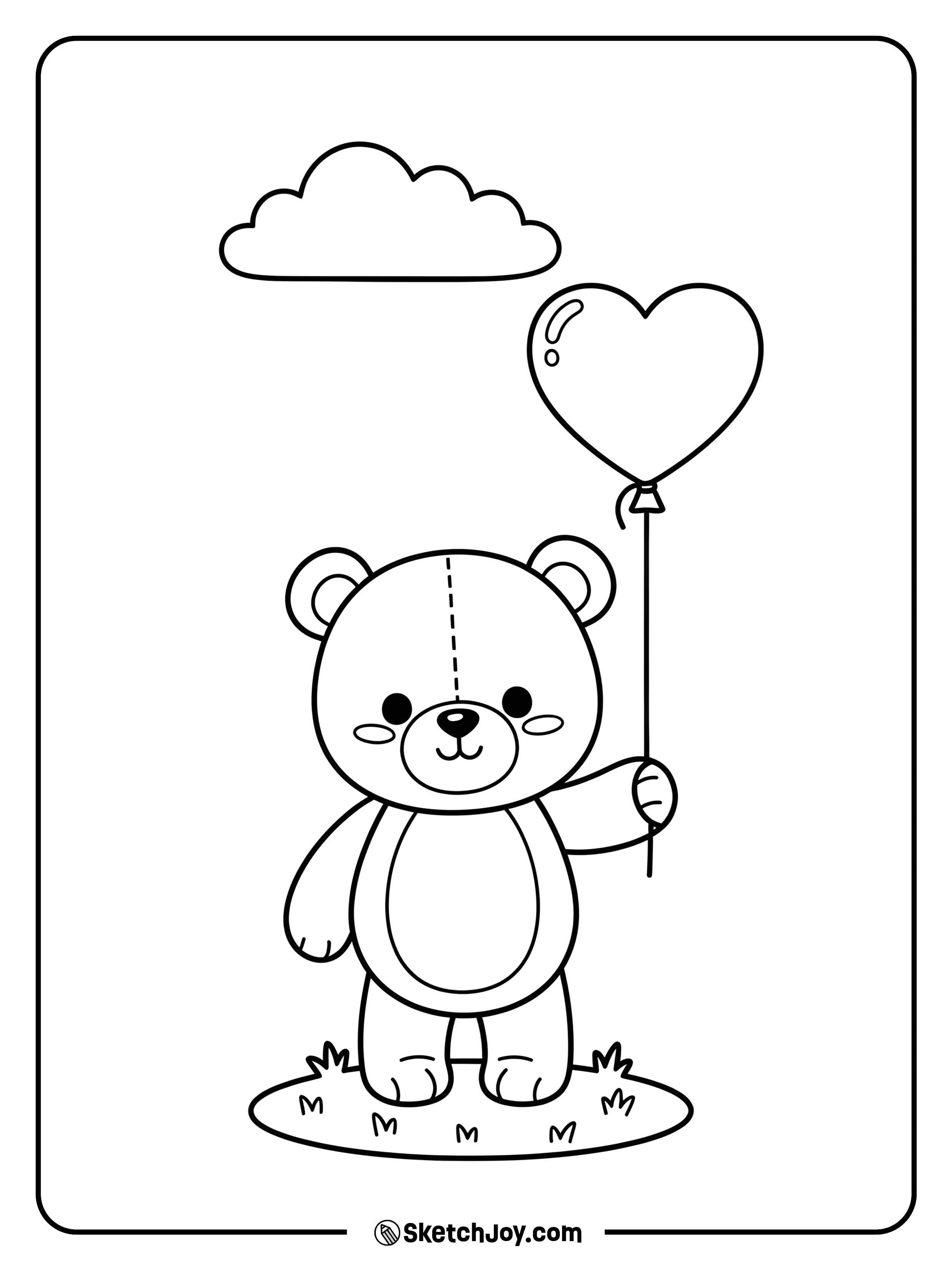 A plush teddy holds a heart balloon and smiles softly.