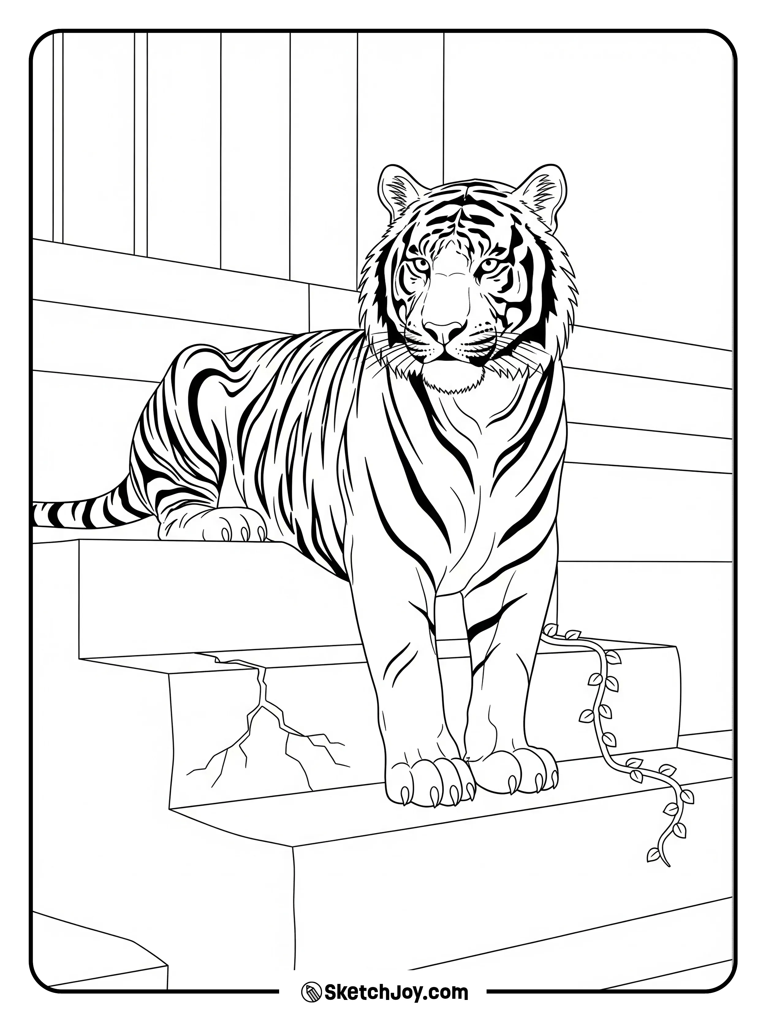 A tiger stands on wide steps near old stone blocks.