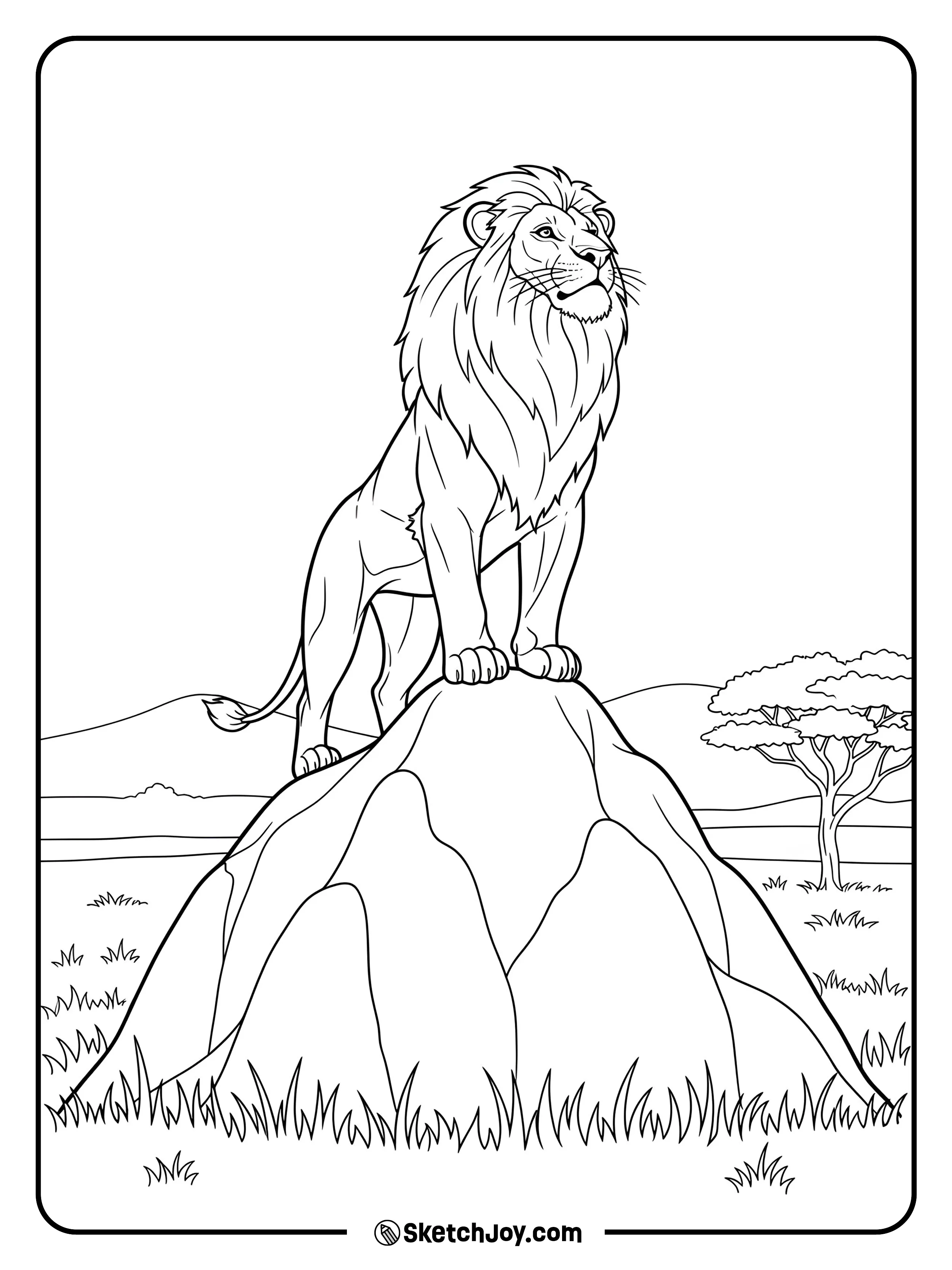 A lion scans the distance from a high mound with a steady gaze.