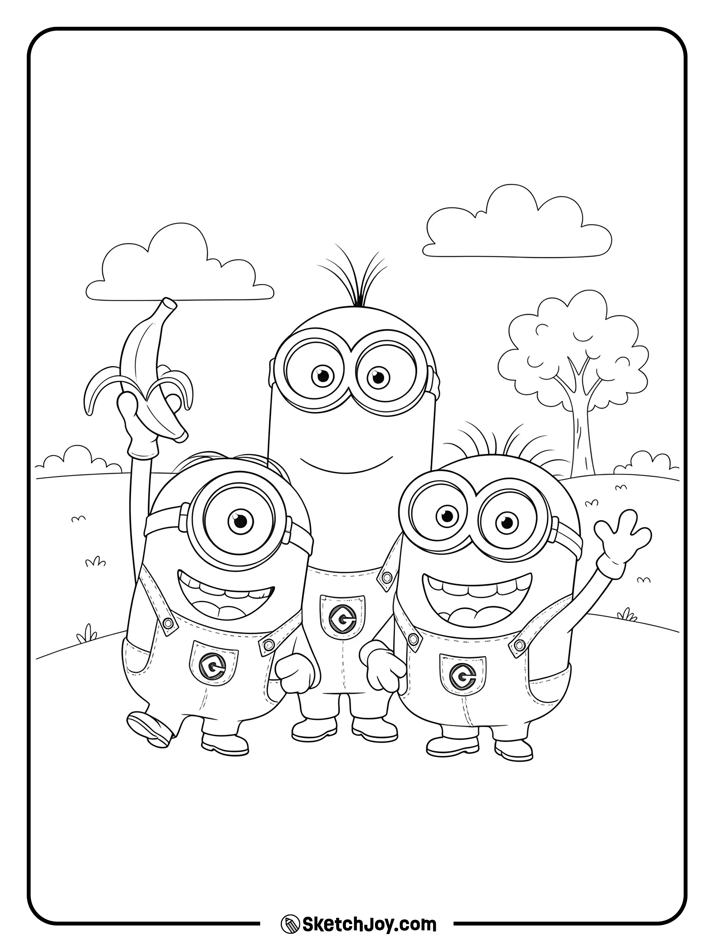 Three happy Minions pose in a park