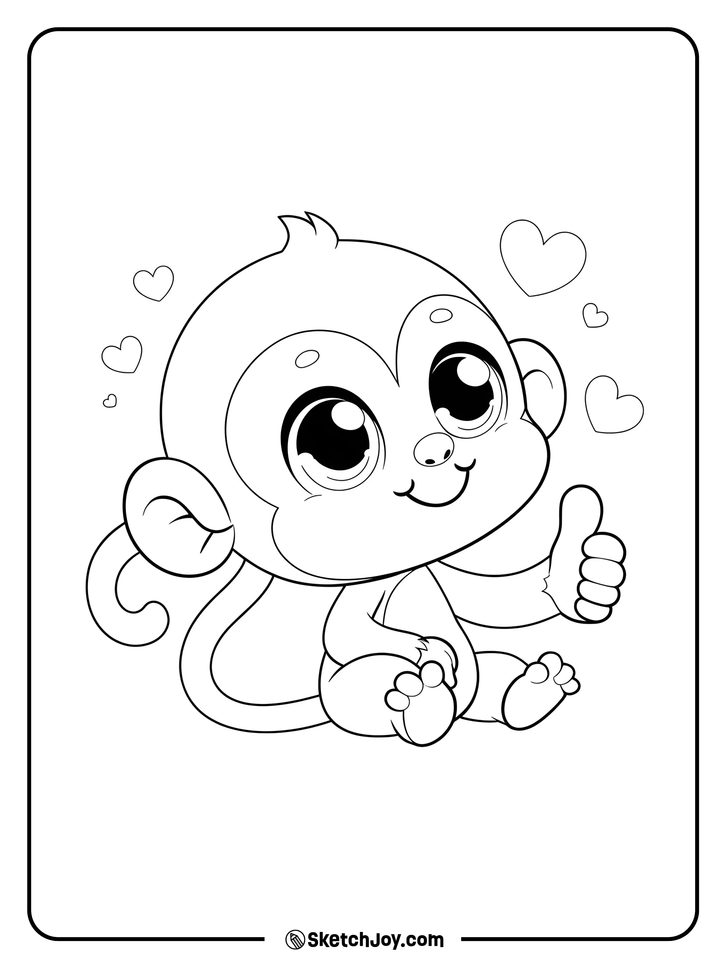A big-eyed baby monkey sits with a curled tail and gives a thumbs-up.