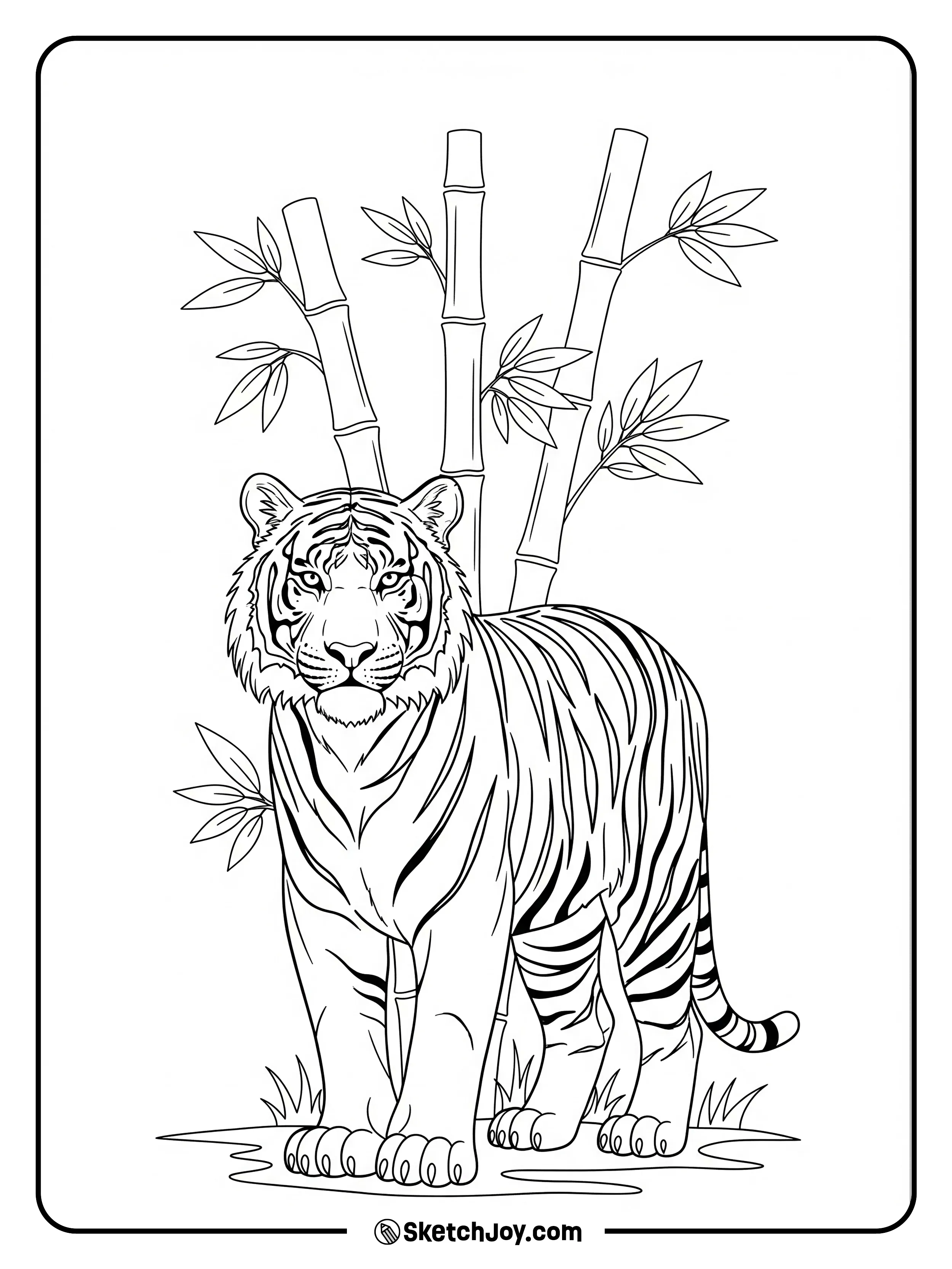 A calm tiger stands between three bamboo stalks.