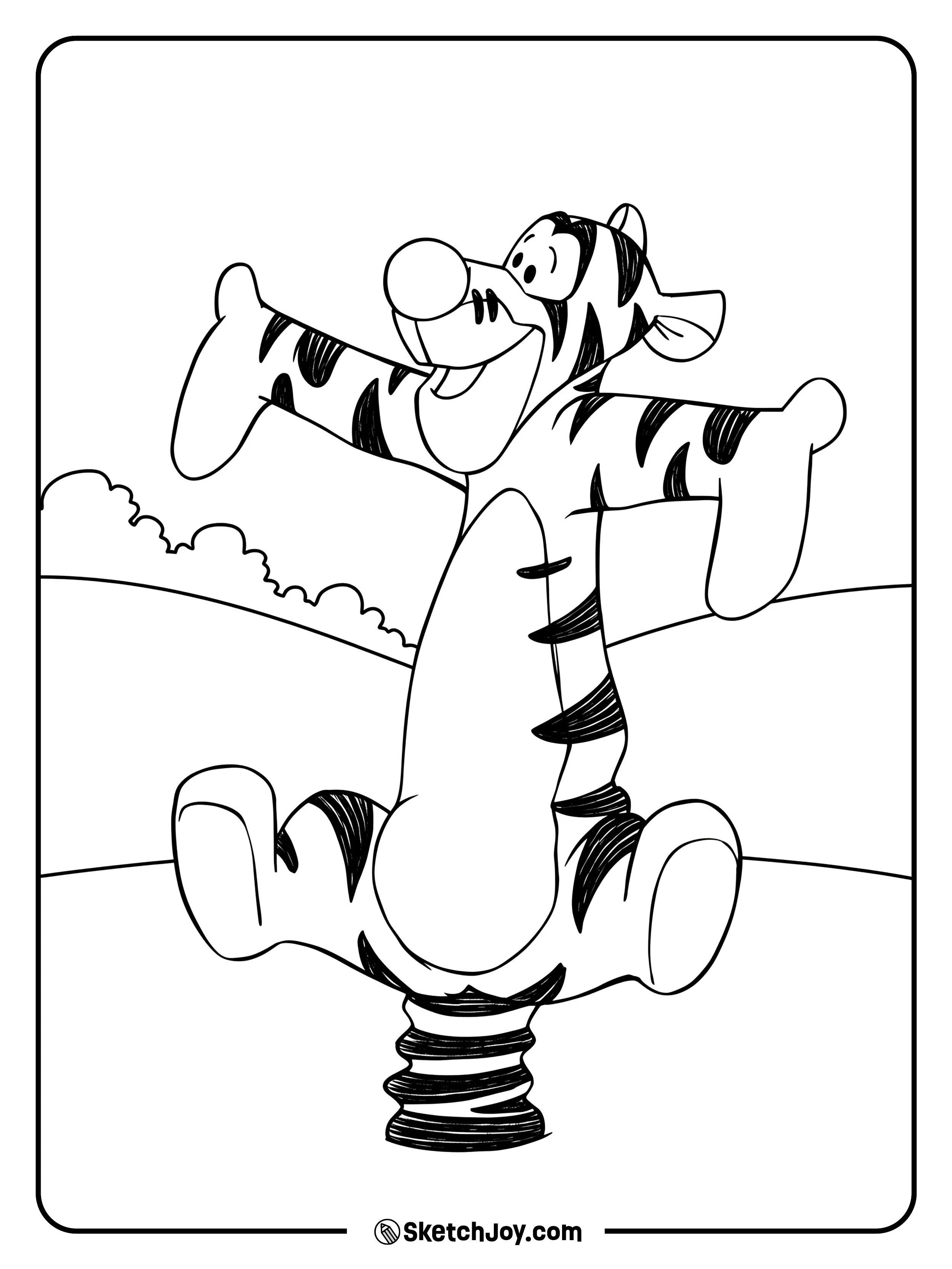 Tigger springs on his tail with arms wide and a happy grin.