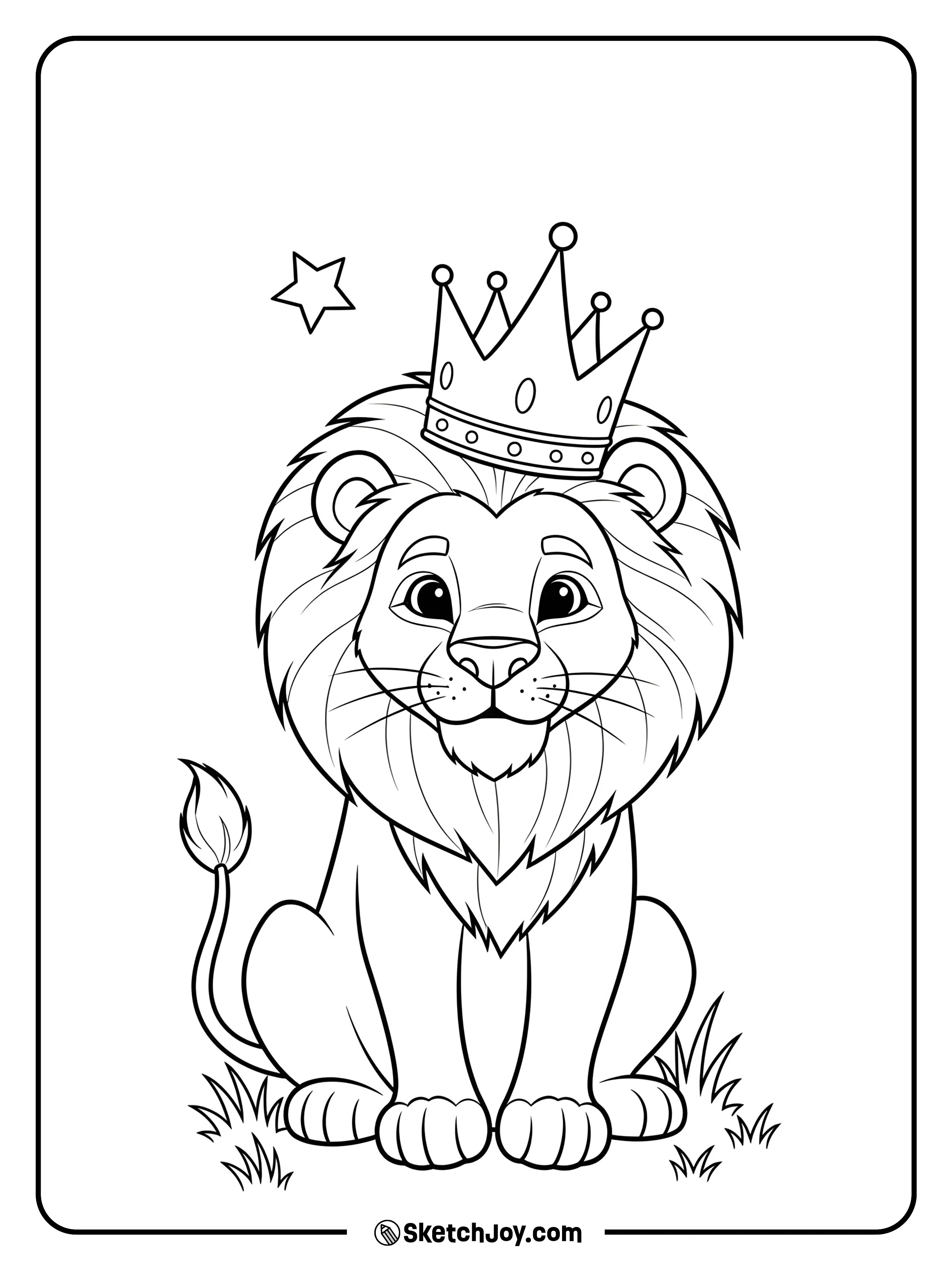 A playful lion sits proudly wearing a small crown as the breeze moves the grass.