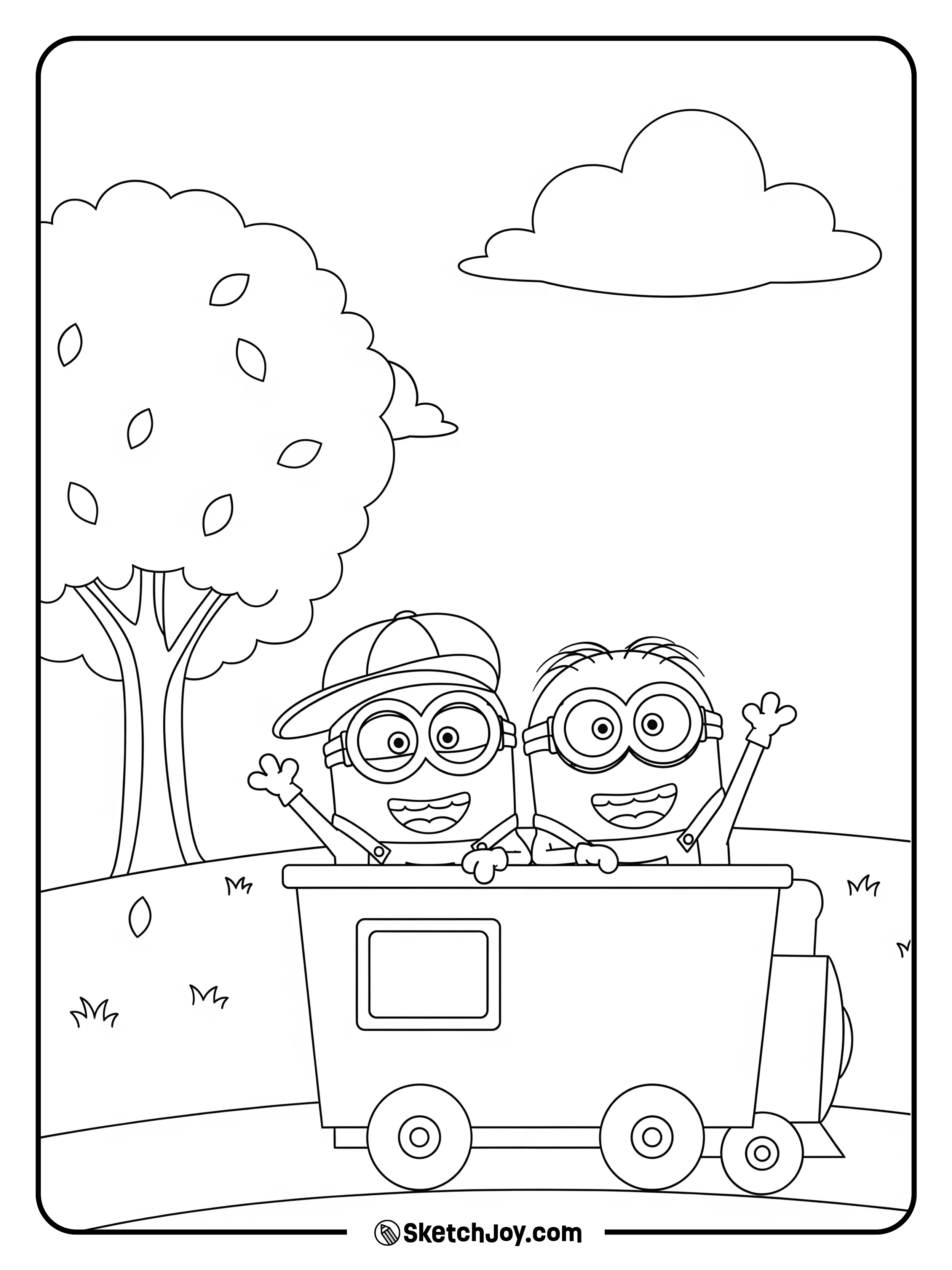 Two Minions sit in a small park train car.