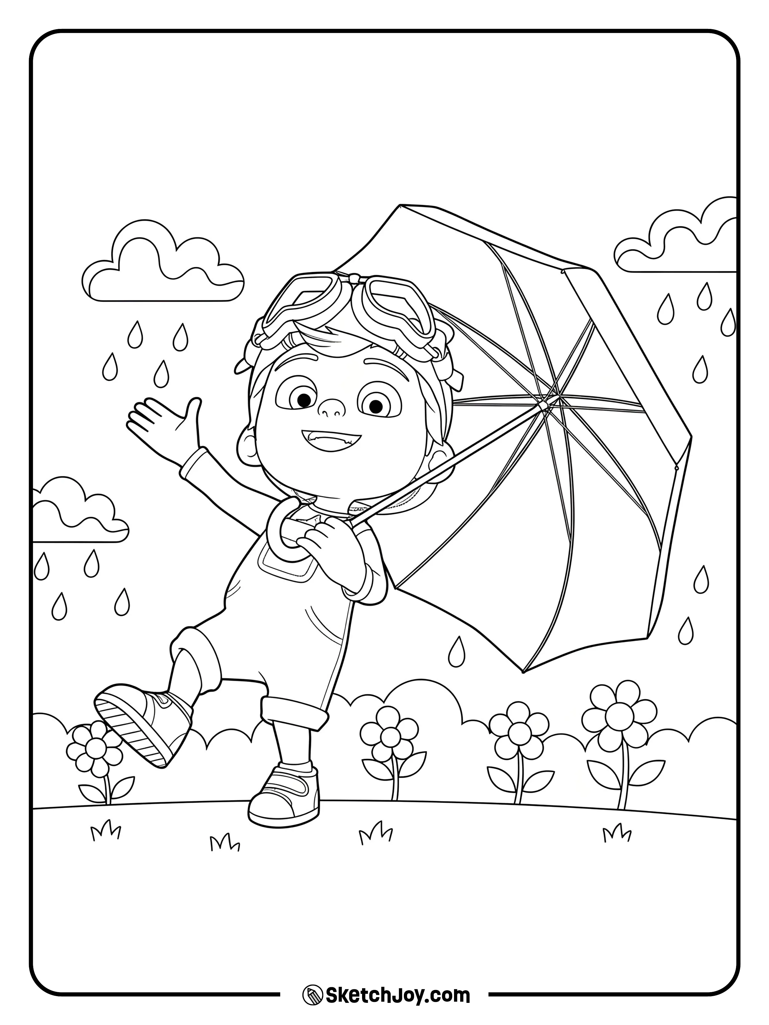 TomTom dances on a grassy hill with his umbrella open.