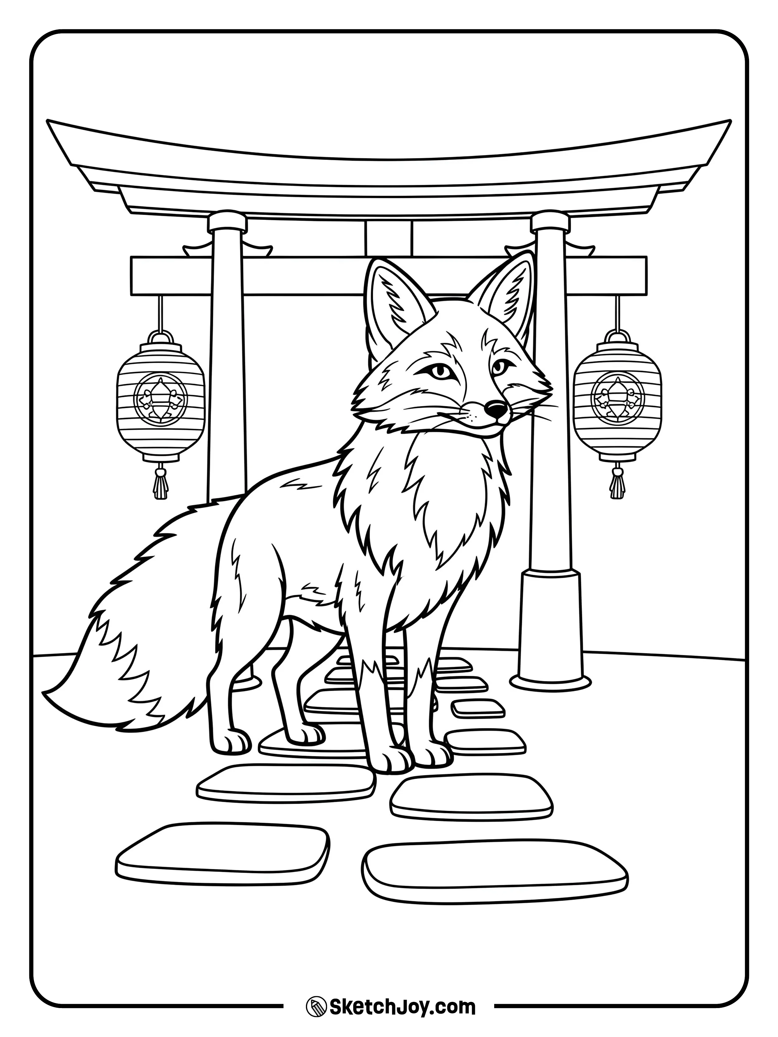 A fox with a flowing tail stands before a torii gate with two lanterns.
