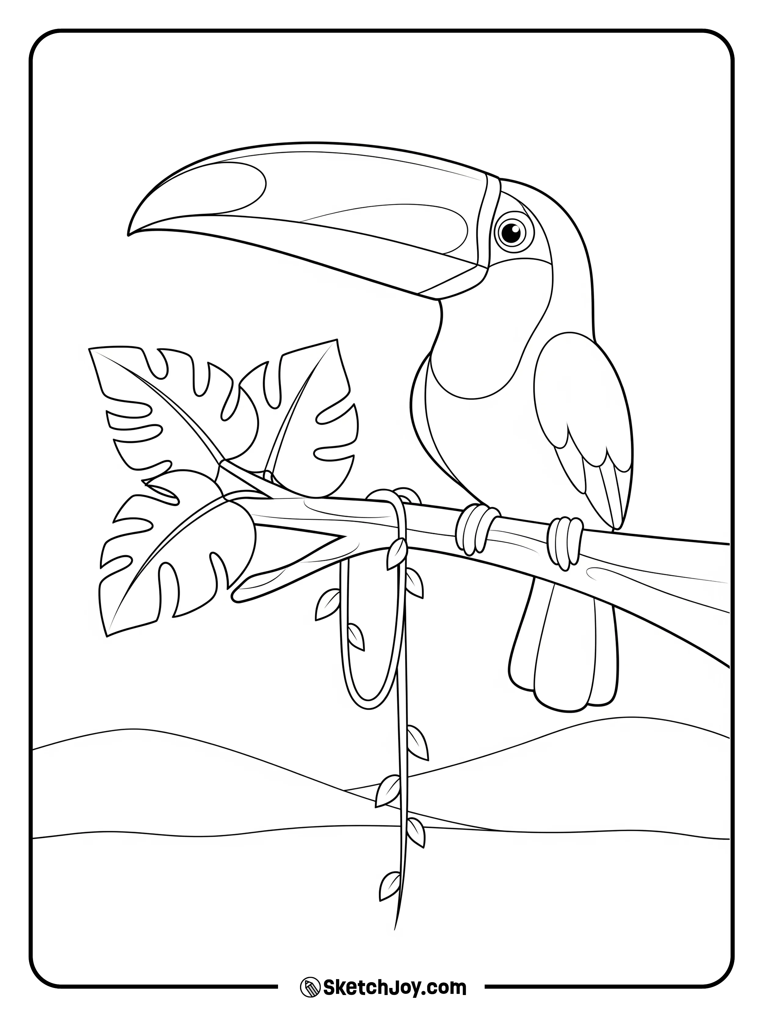 A big-beak toucan rests on a tree limb.