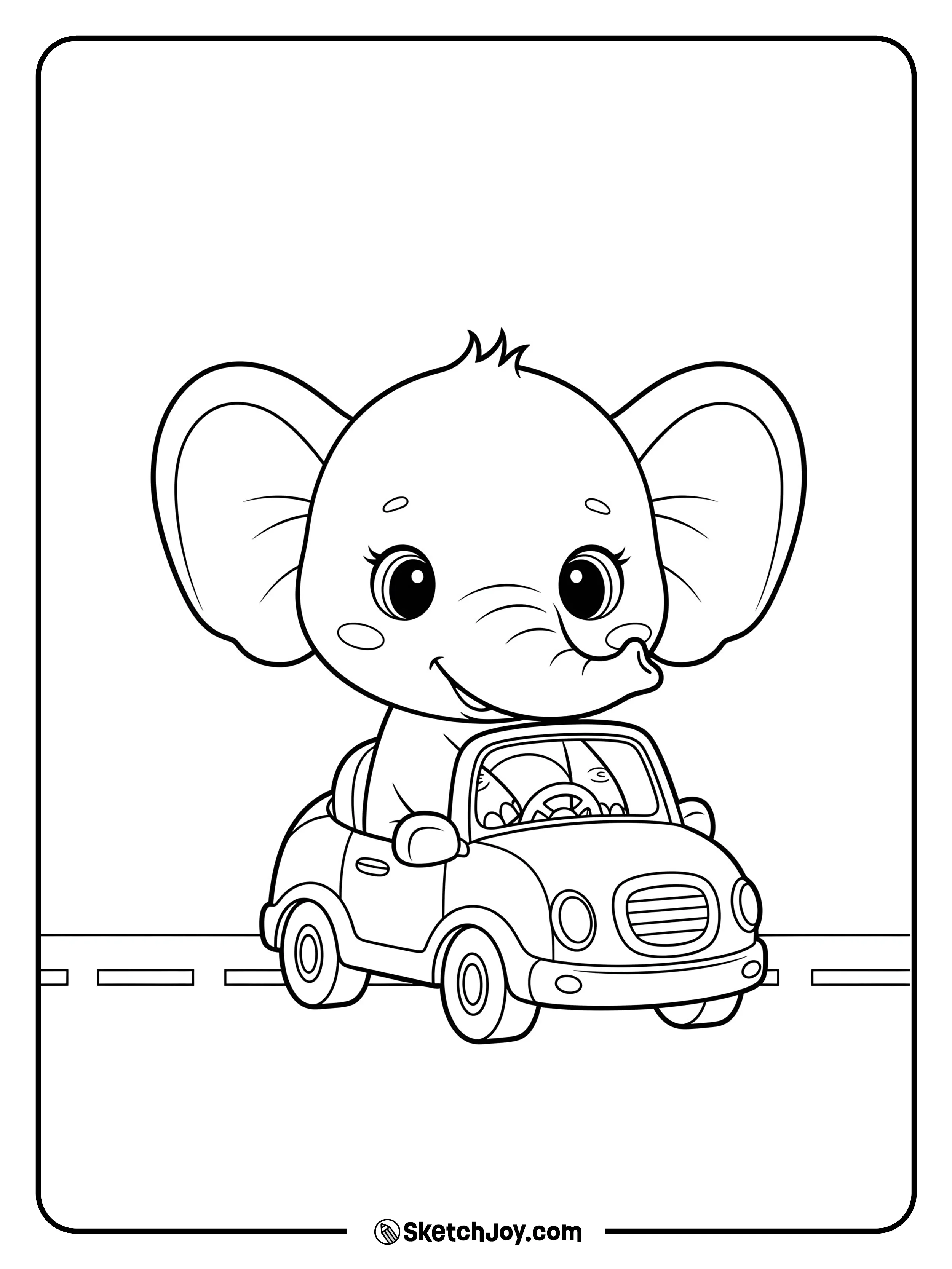 A small elephant rides a toy car with a simple road stripe.