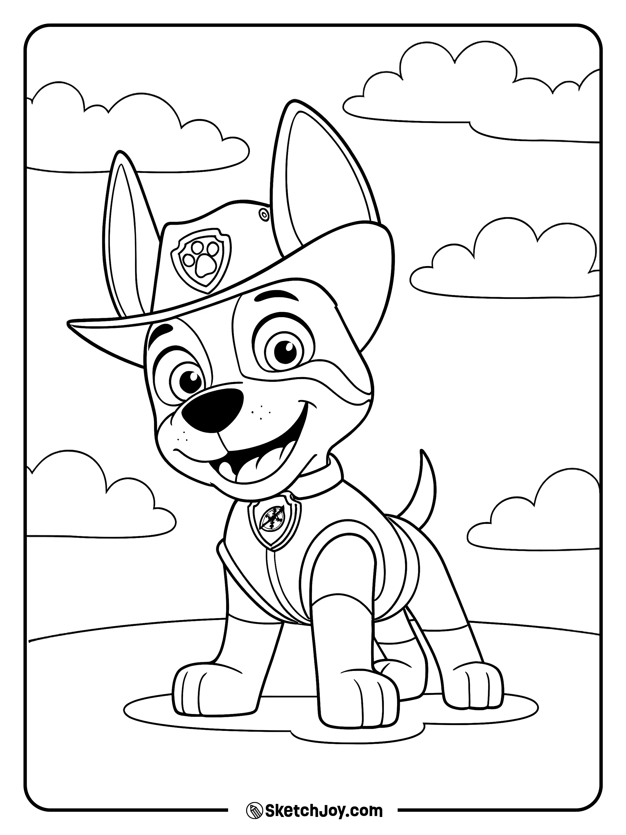 Tracker stands proudly in his jungle hat and vest