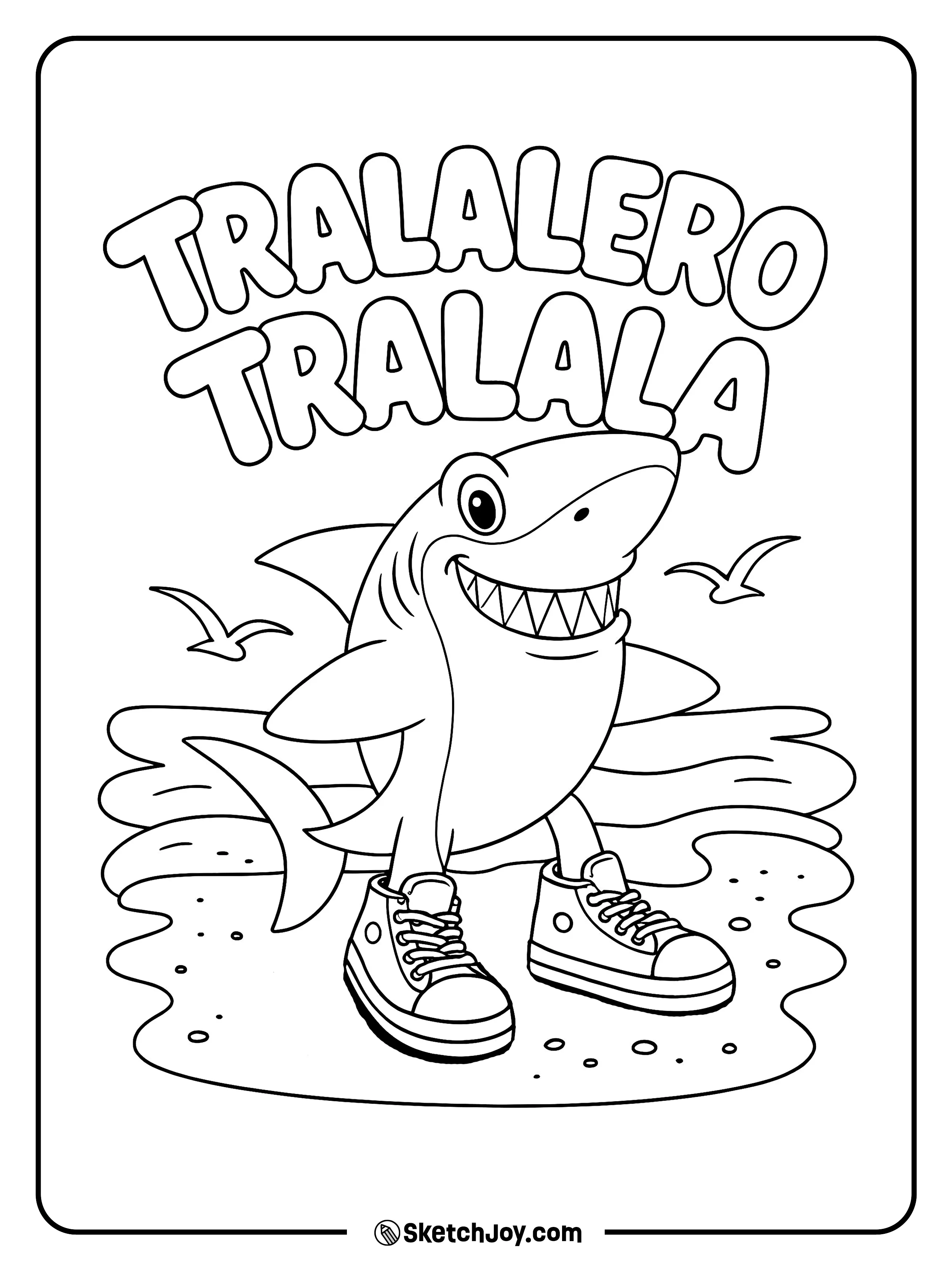 Tralalero Tralala walking in sneakers by the water.