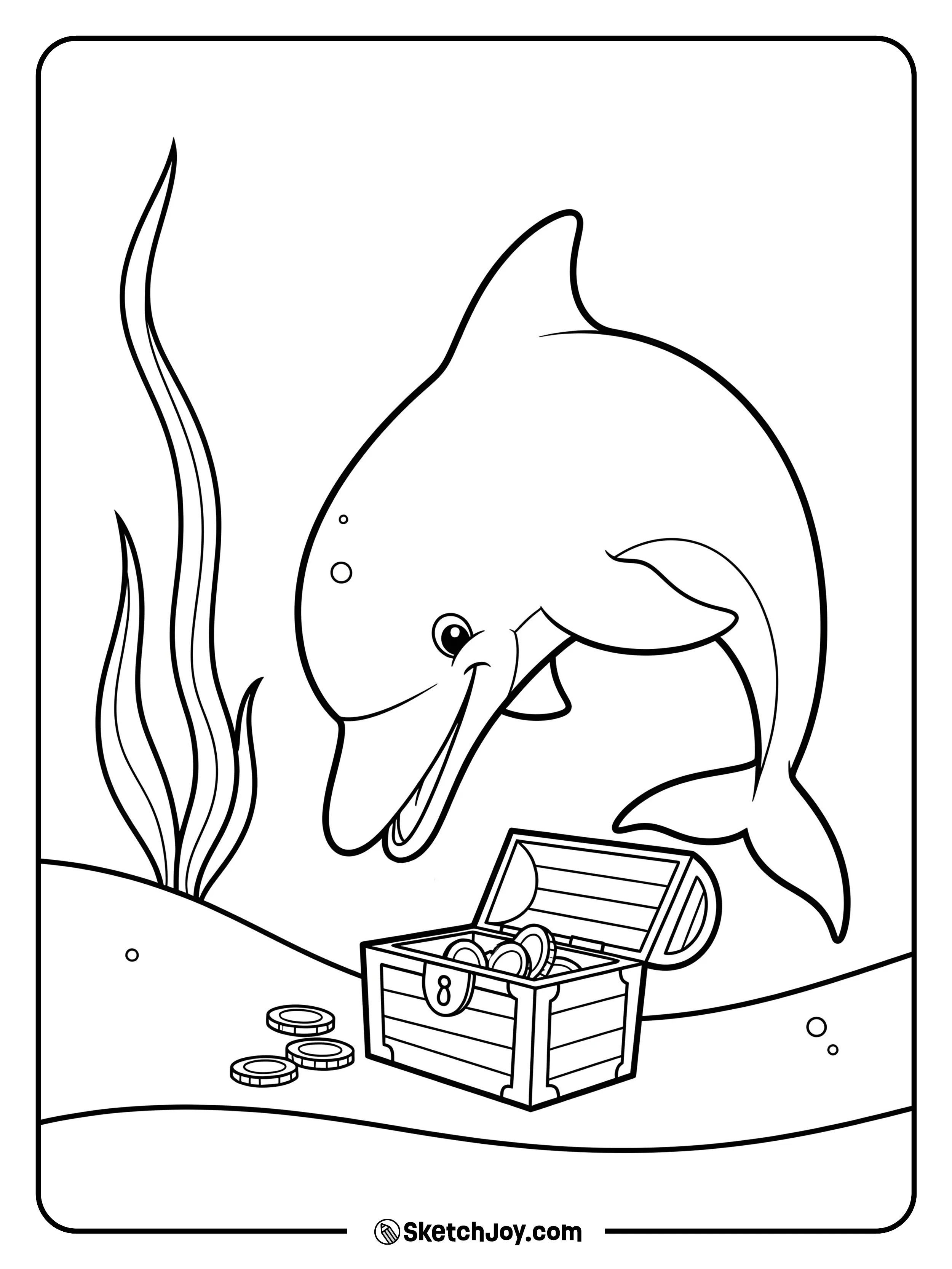 A curious dolphin looks at a half-open chest with two coins on sand.