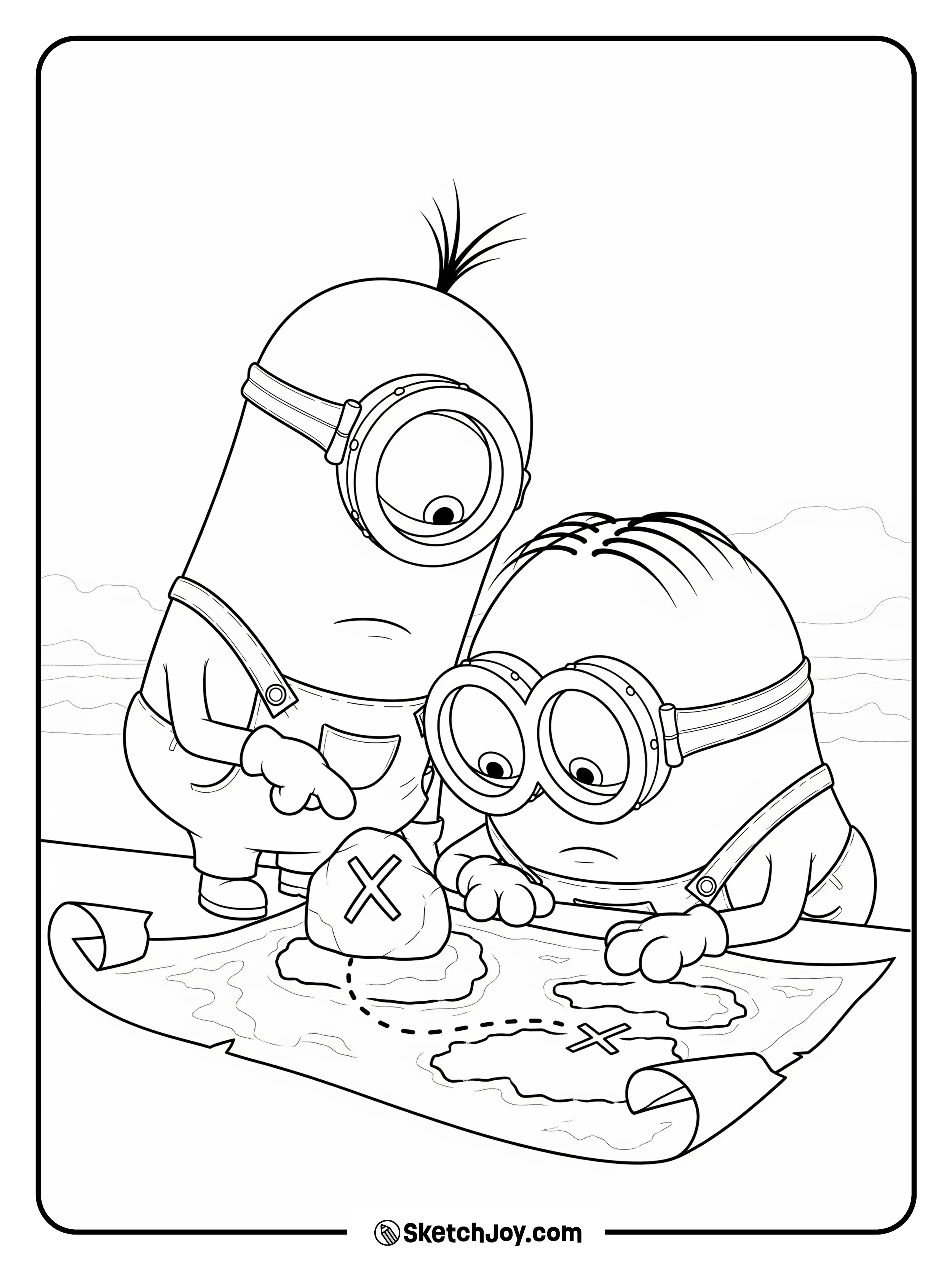 Two Minions read a tiny map with an X.