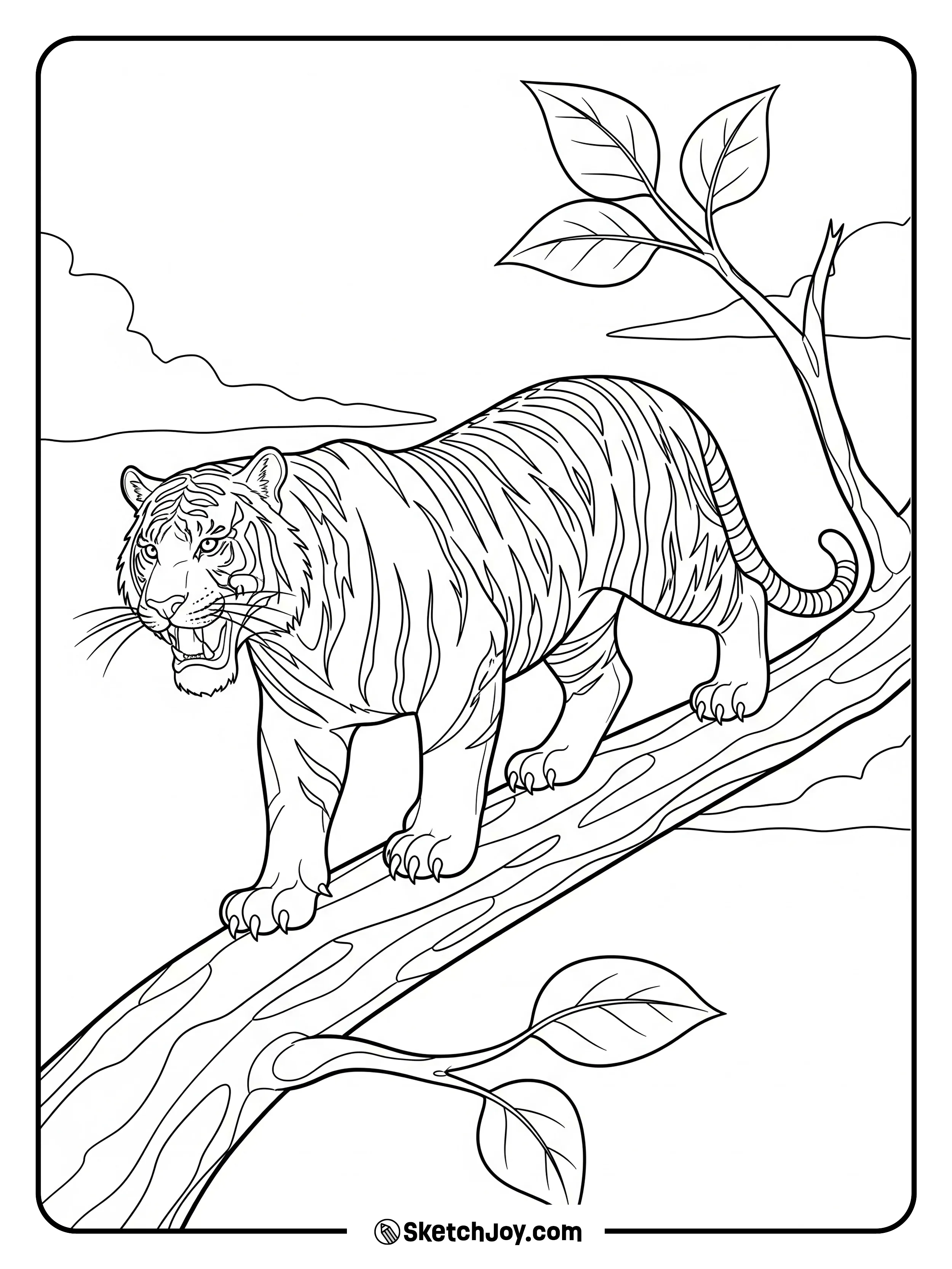 The tiger pauses on a strong branch and looks down.