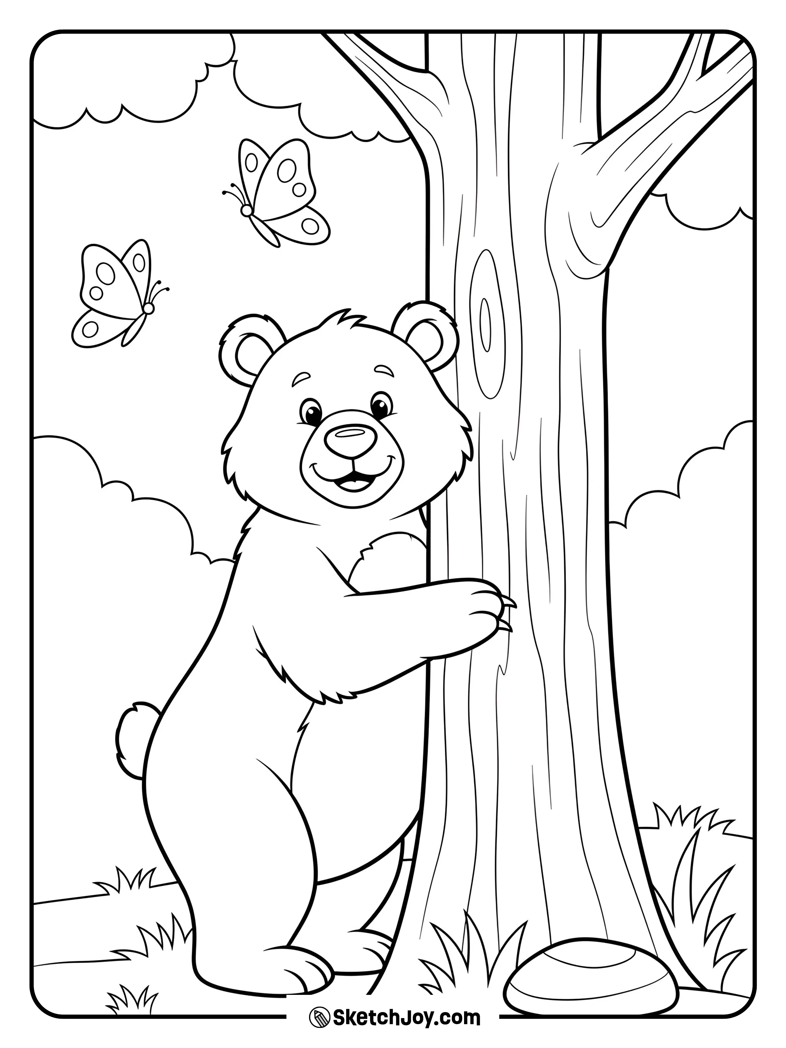 A brown bear scratches its back on a rough trunk while butterflies drift by.
