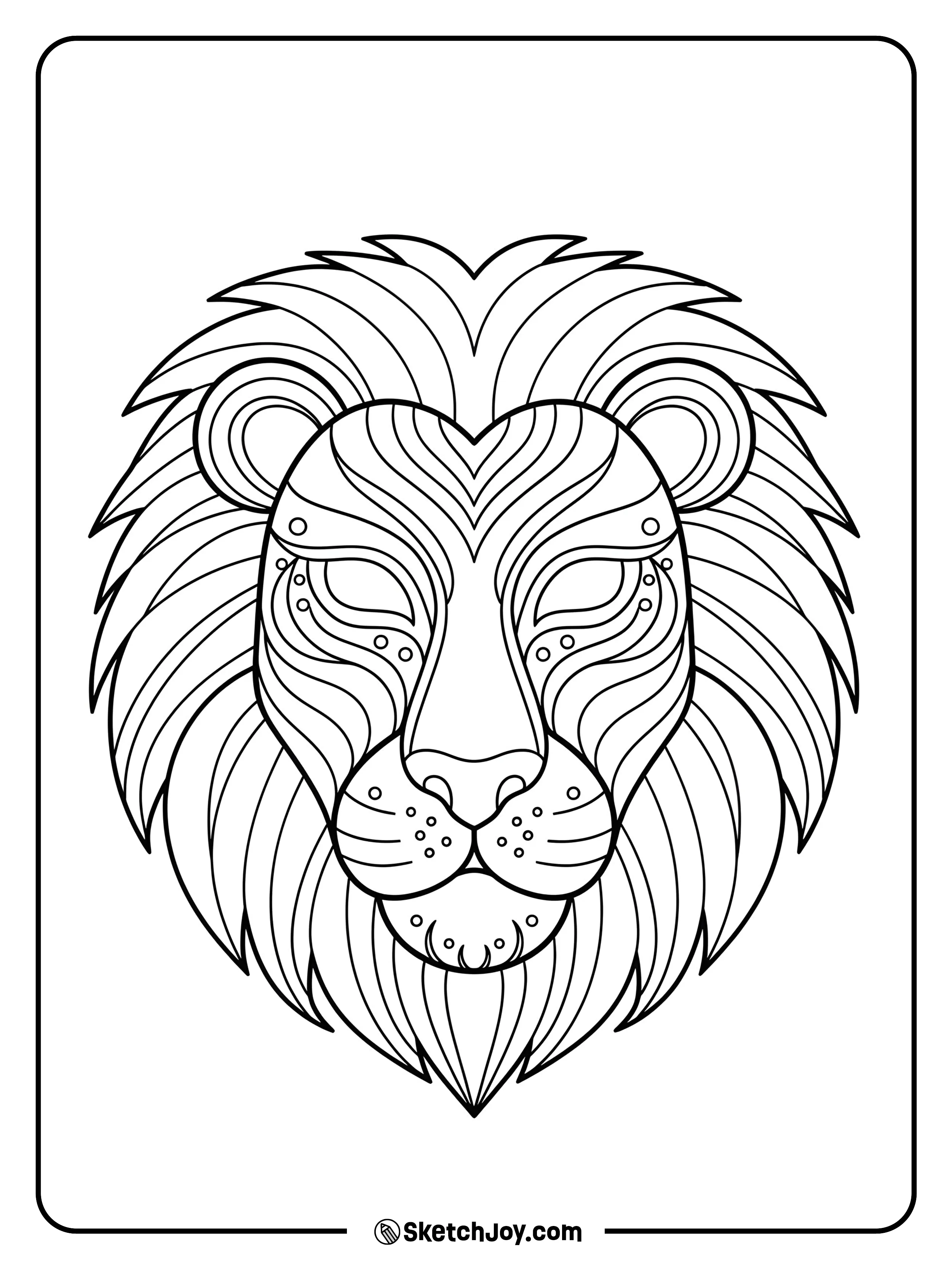 Bold tribal lines shape a lion mask with strong eyes and curved patterns.