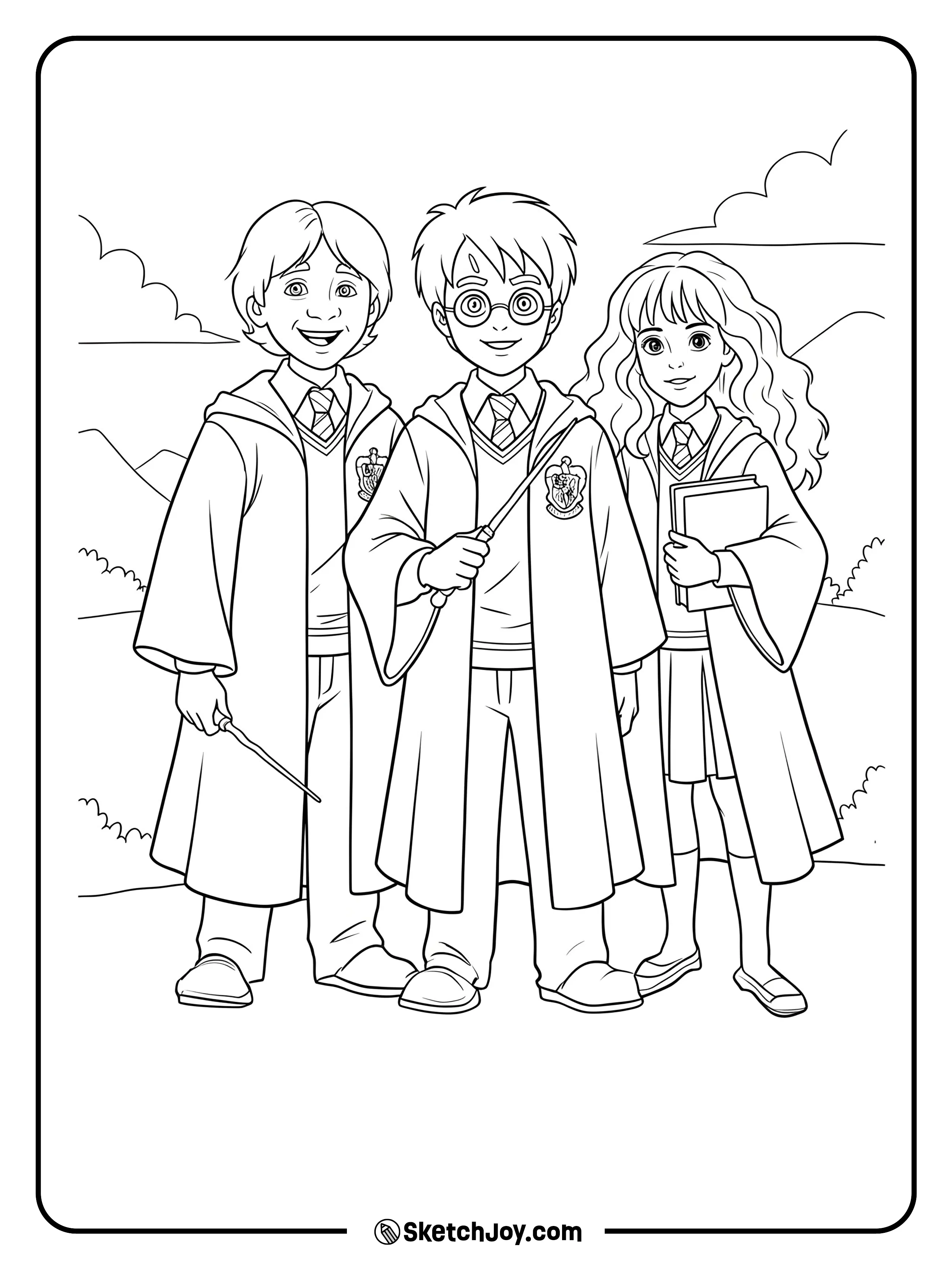 Harry, Ron, and Hermione stand side by side in their robes.