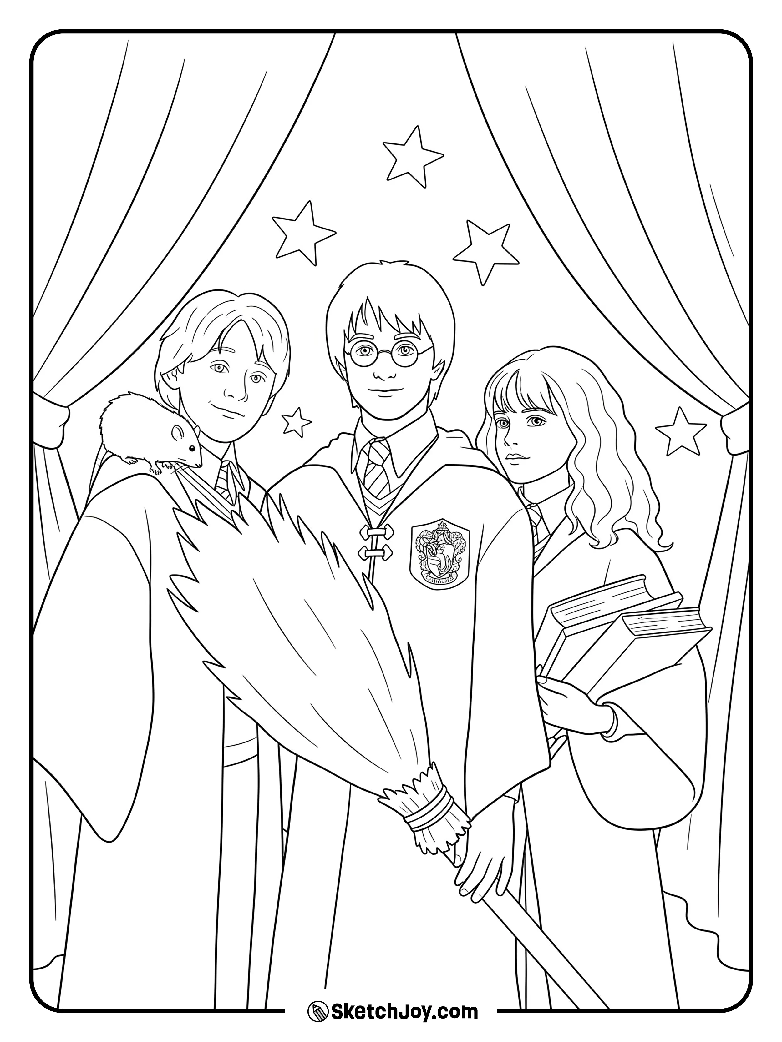 Harry holds a broom while Ron smiles with his pet on his shoulder and Hermione hugs two books.