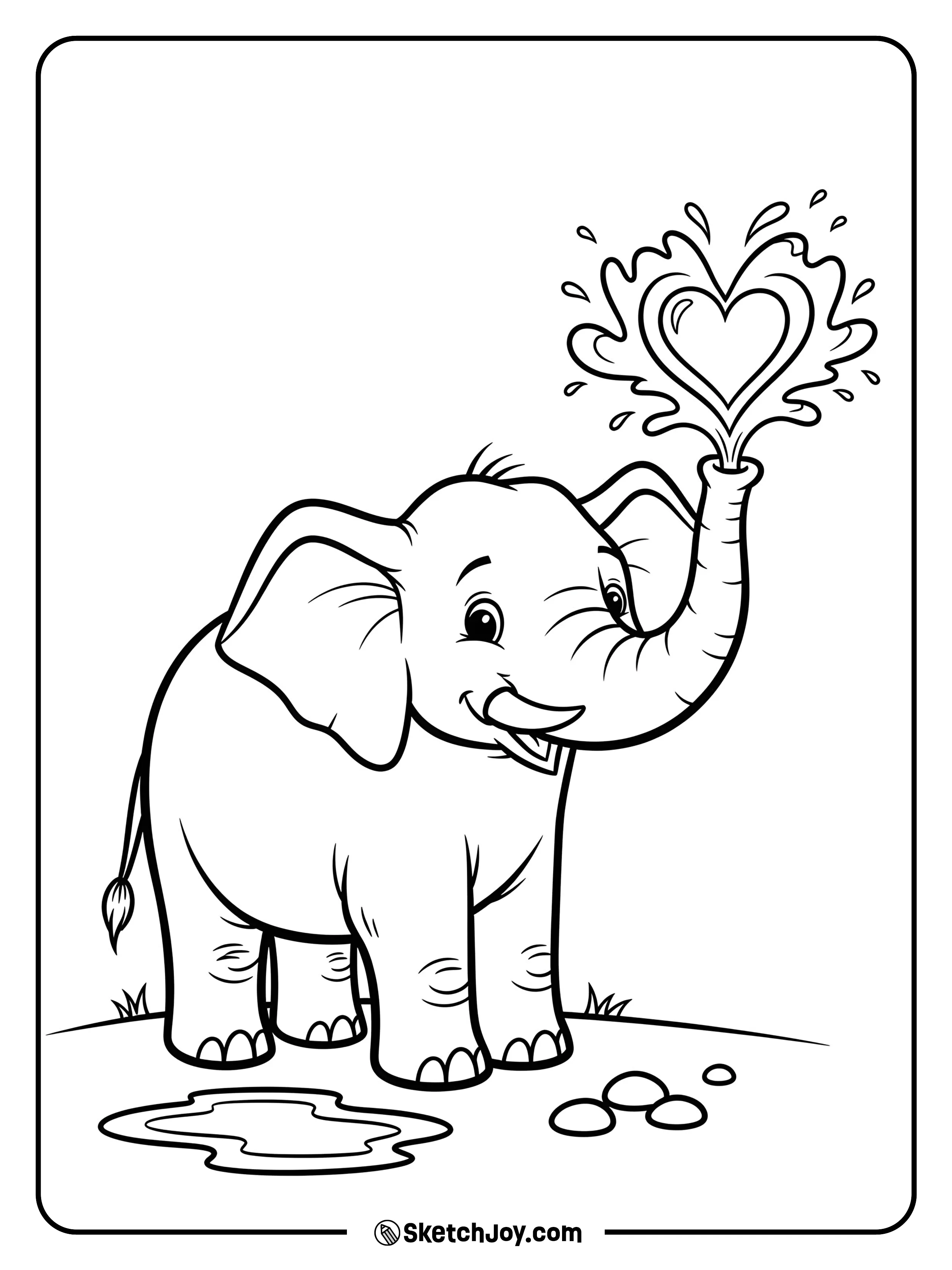 An upbeat elephant sprays water in the shape of a heart.