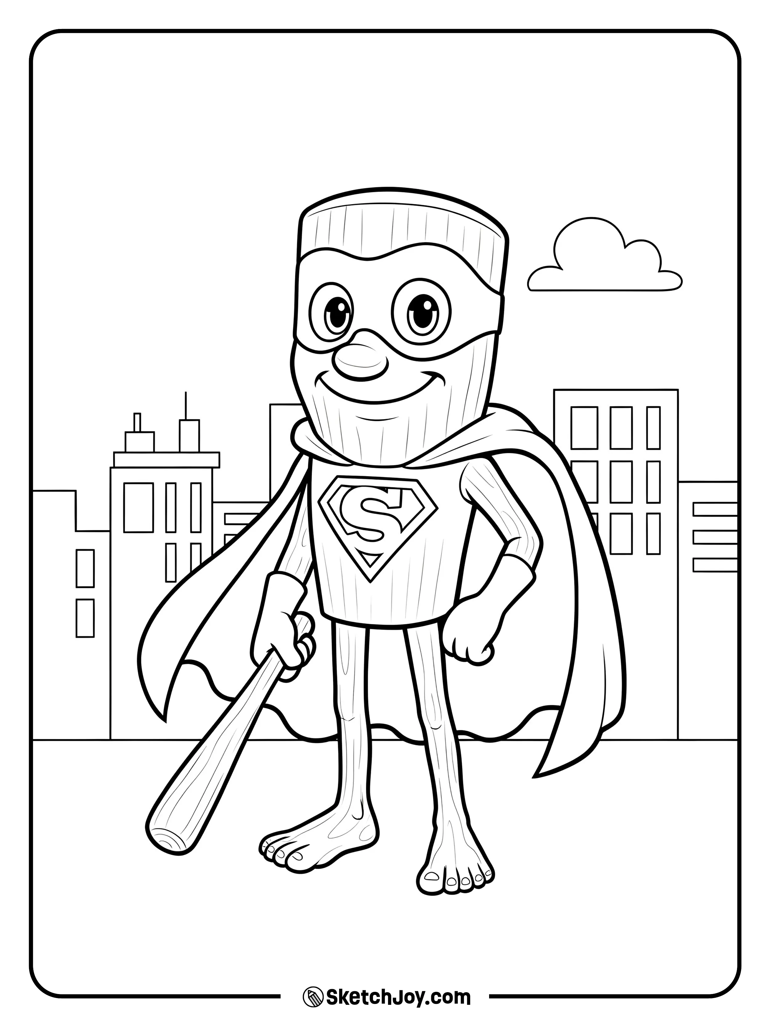 Tung Tung Tung Sahur standing strong with a cape in the city.