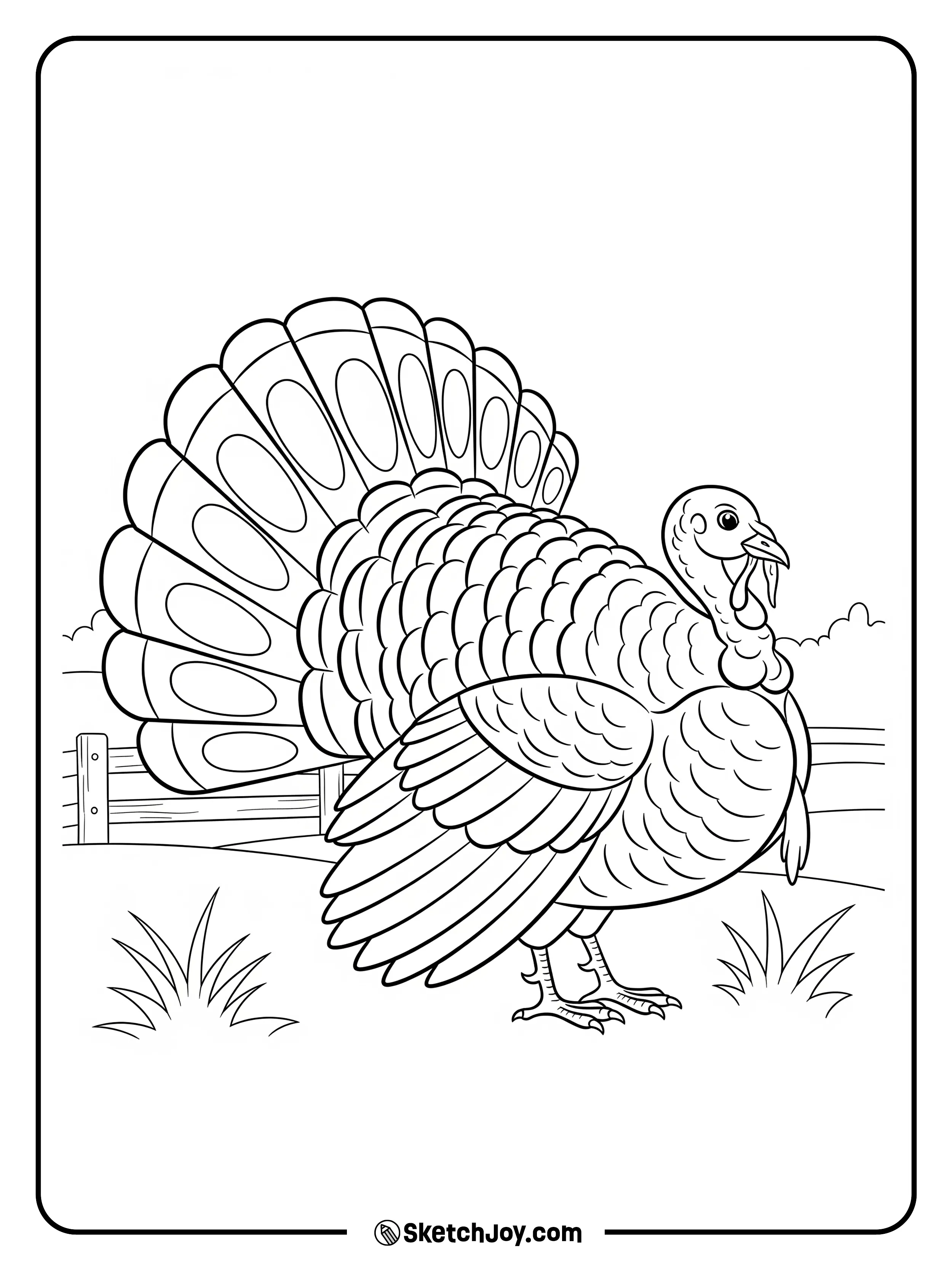 A big turkey shows wide tail feathers.