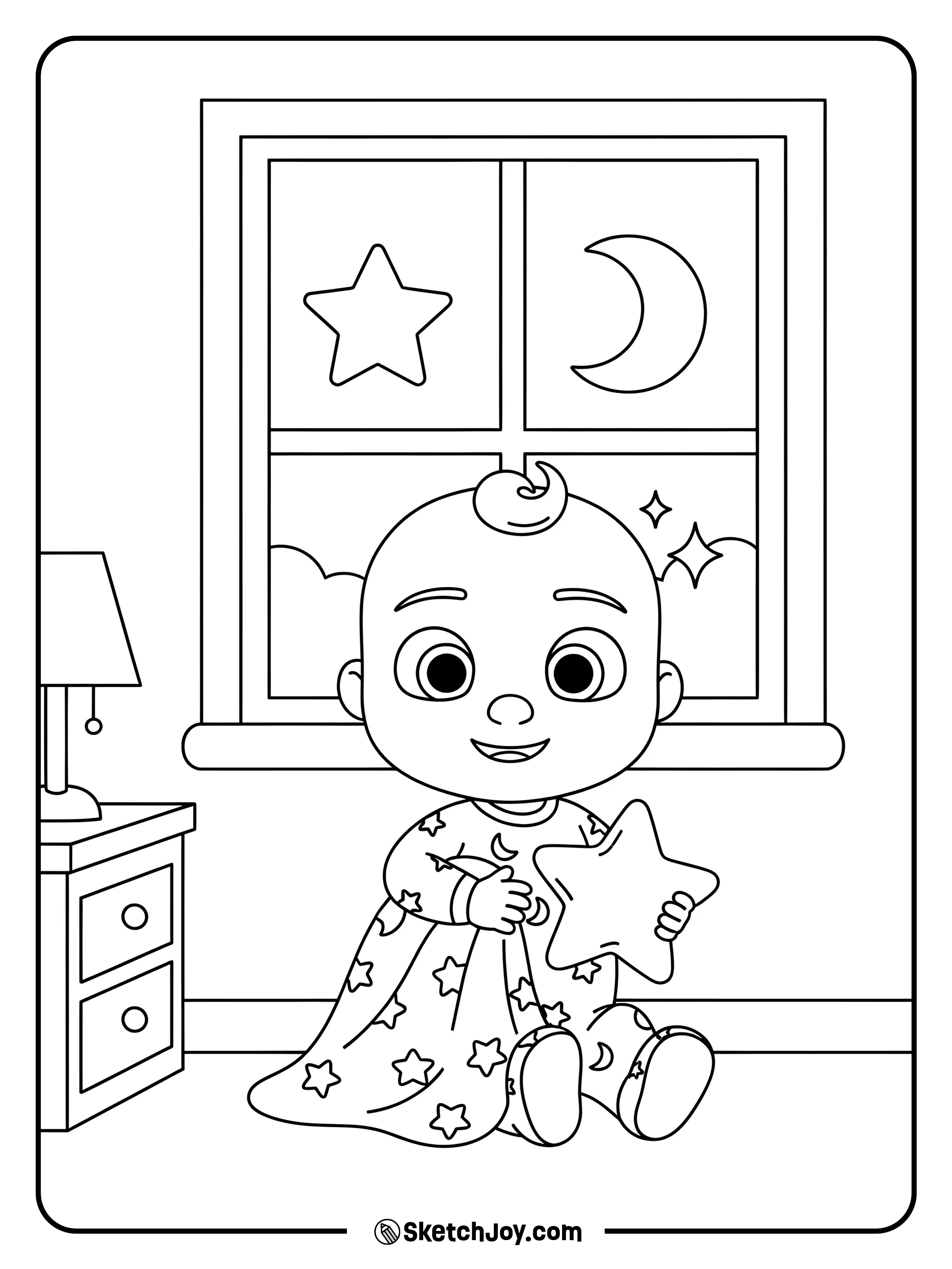 JJ looks out his window at a crescent moon and a big star, holding a blanket.