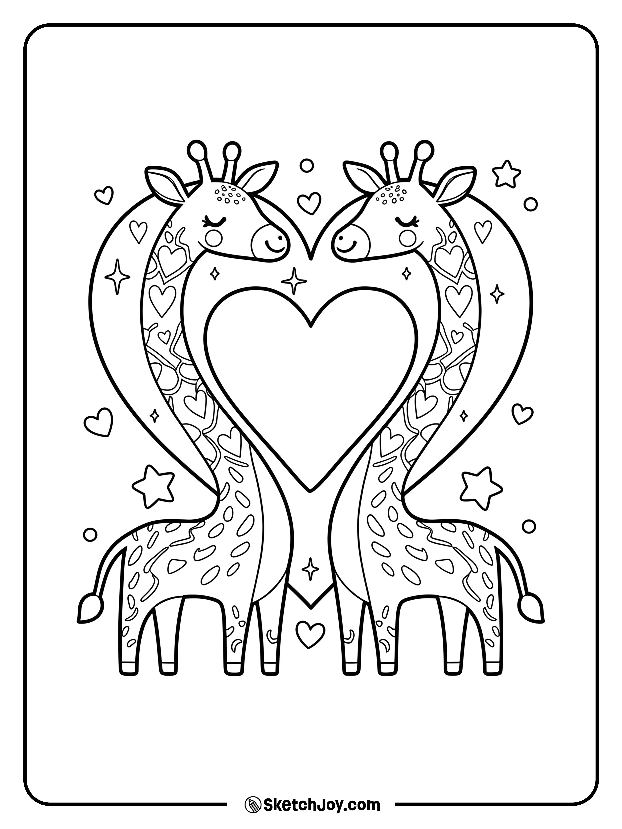 Two smiling giraffes curve their necks into a big heart.