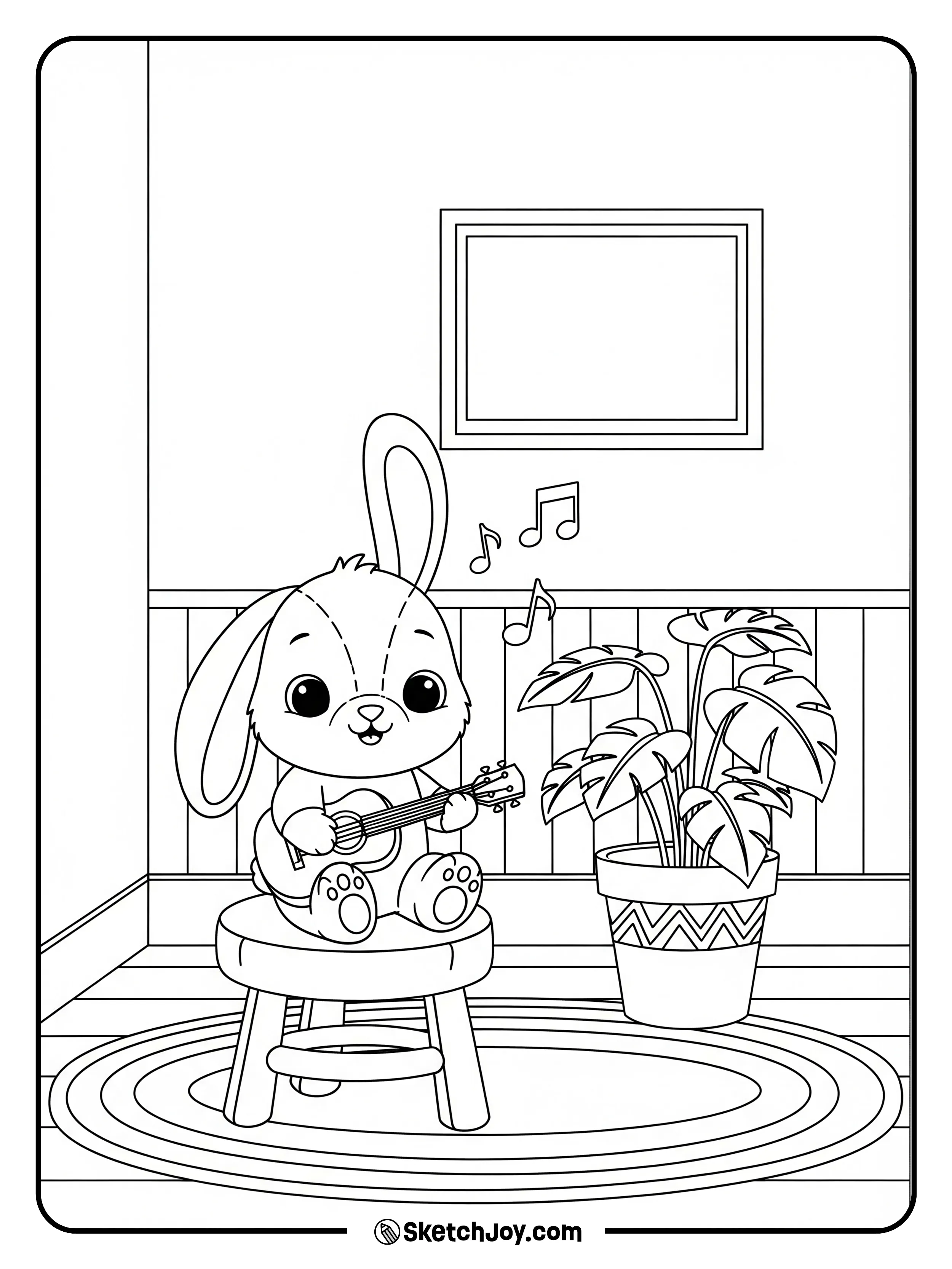 A sitting bunny strums a small uke while notes float.