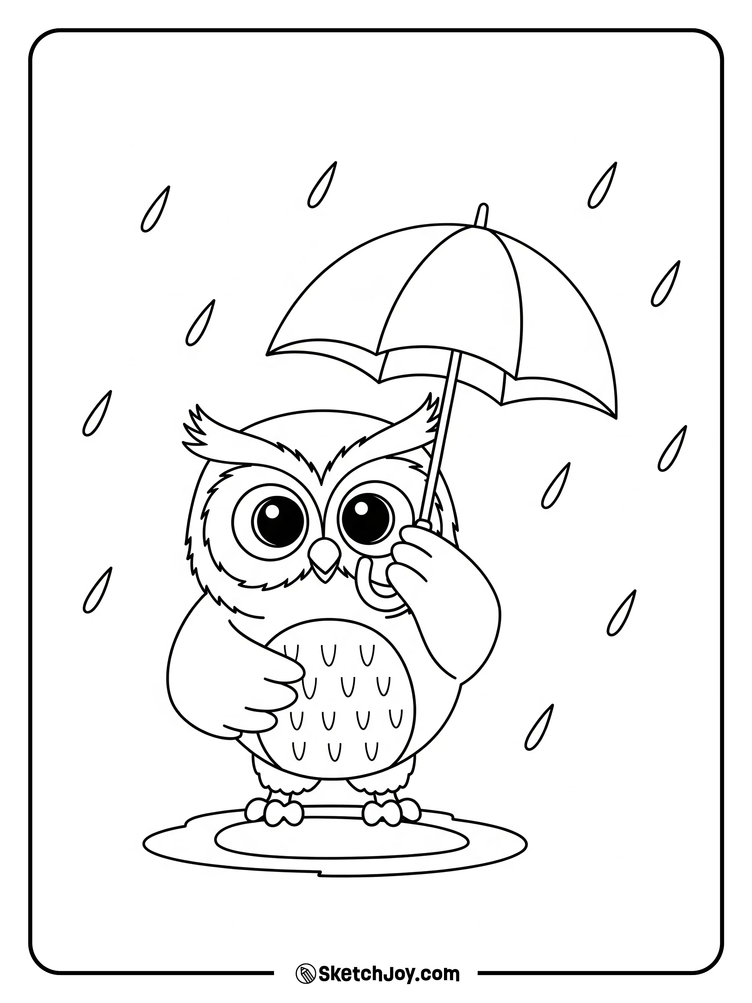 A cute owl holds a small umbrella in a light rain.