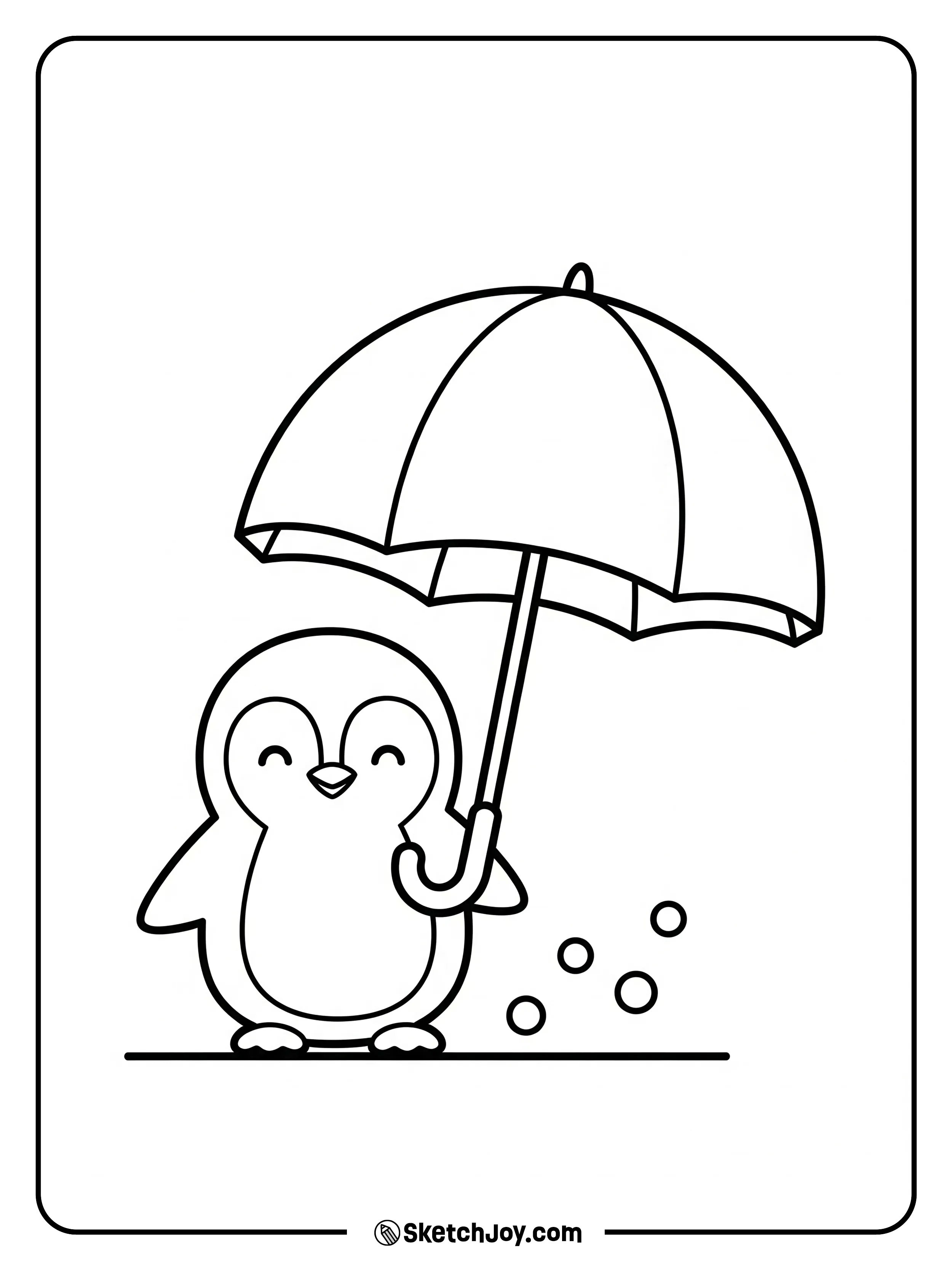 A penguin holds a small umbrella while snow falls.