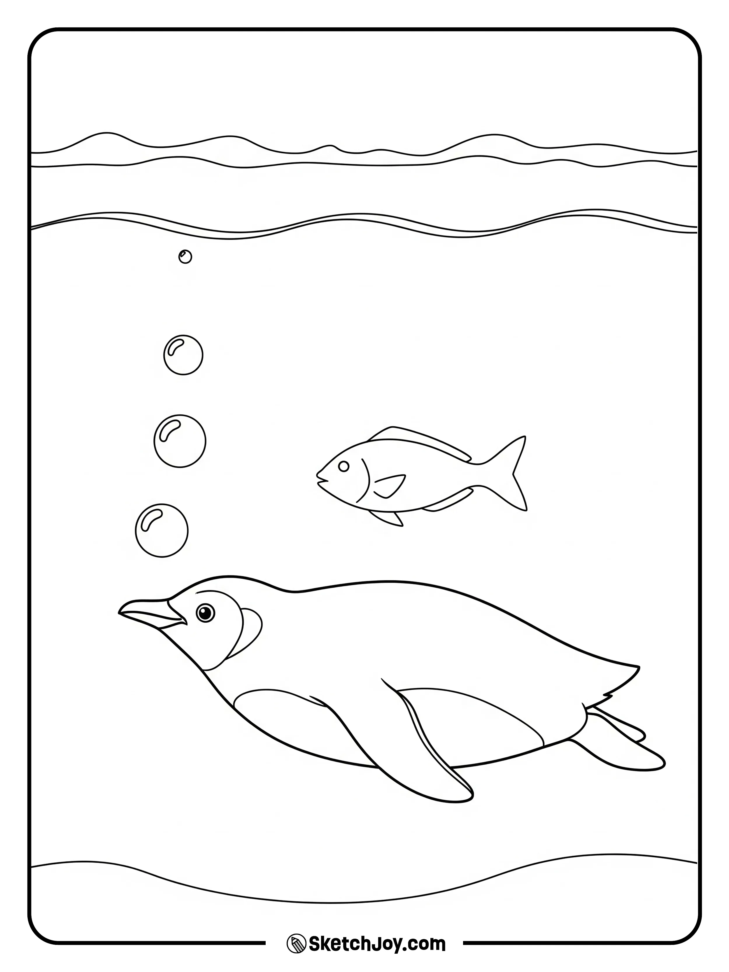 A penguin swims under the surface with a trail of bubbles.