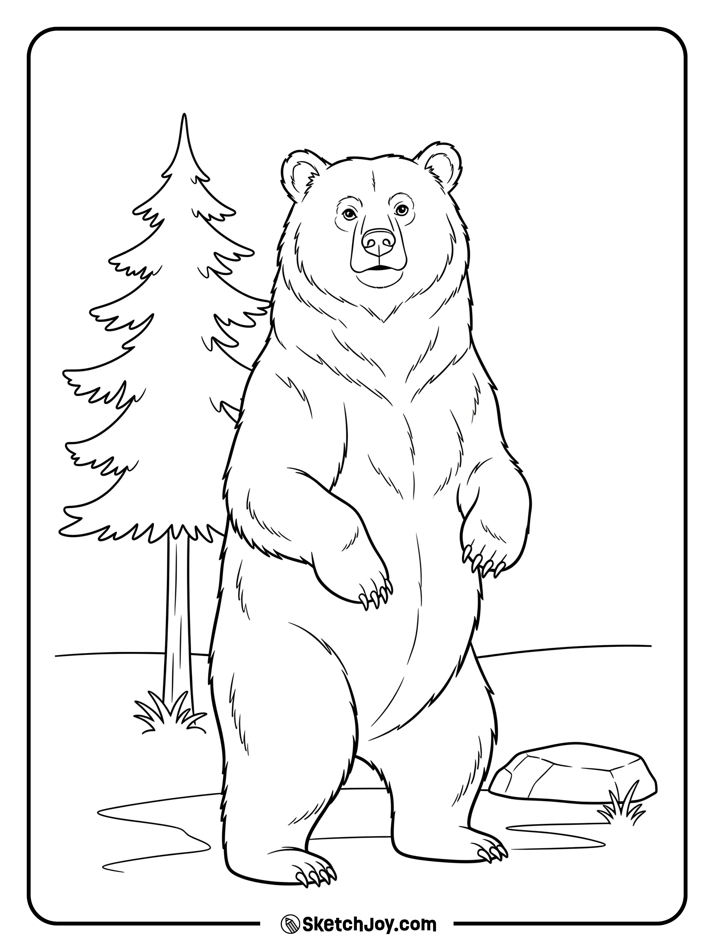 A tall grizzly stands on hind legs near a lone pine.