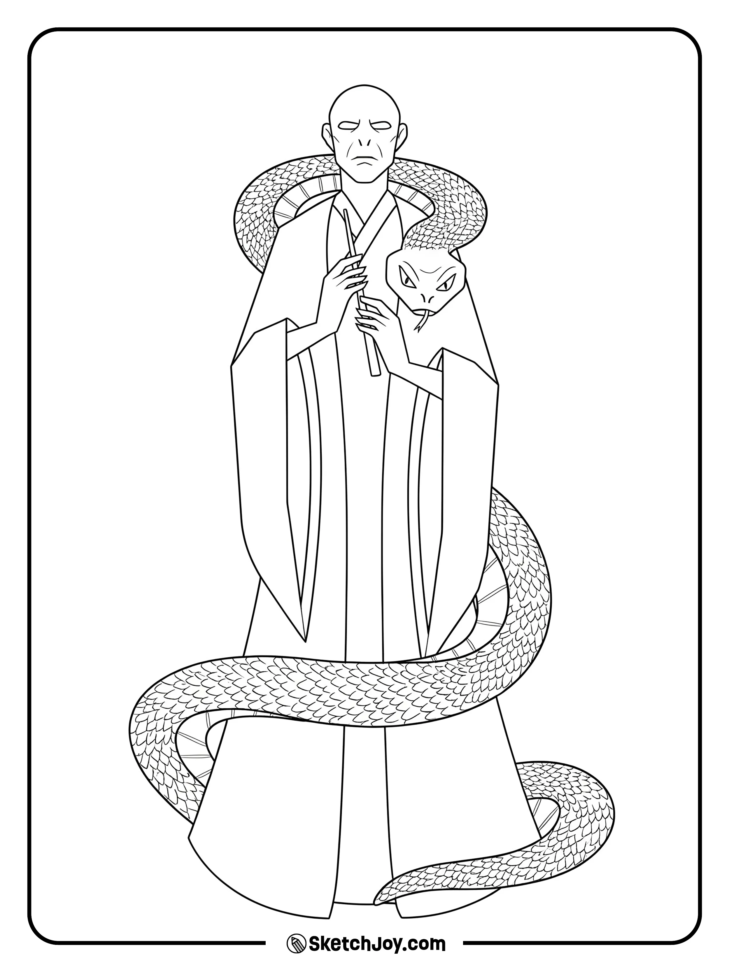 Voldemort stands still while Nagini wraps around him.