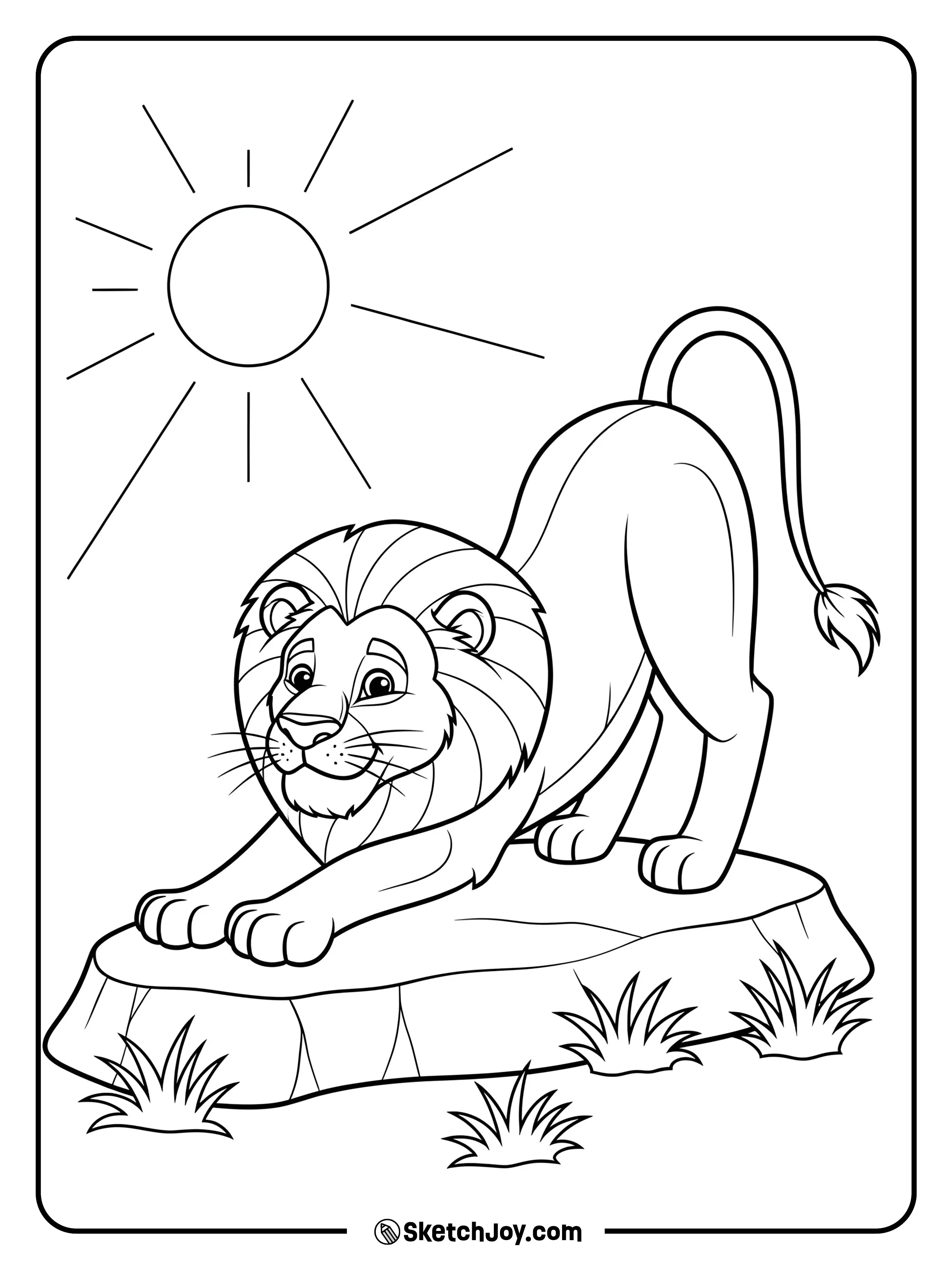 A relaxed lion stretches on a sun-warmed flat rock near short grass.