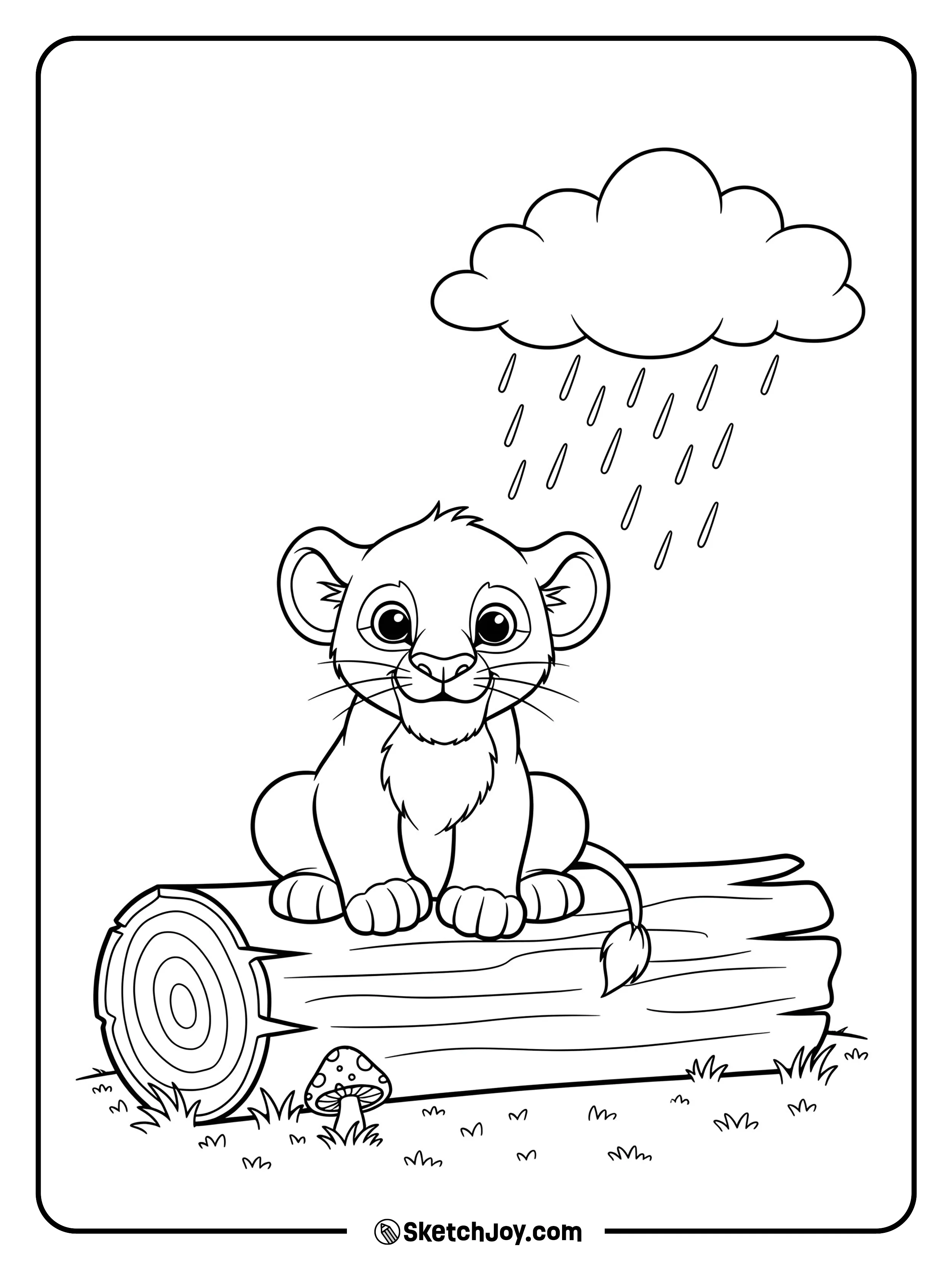 A cub sits on a fallen log and counts raindrops.