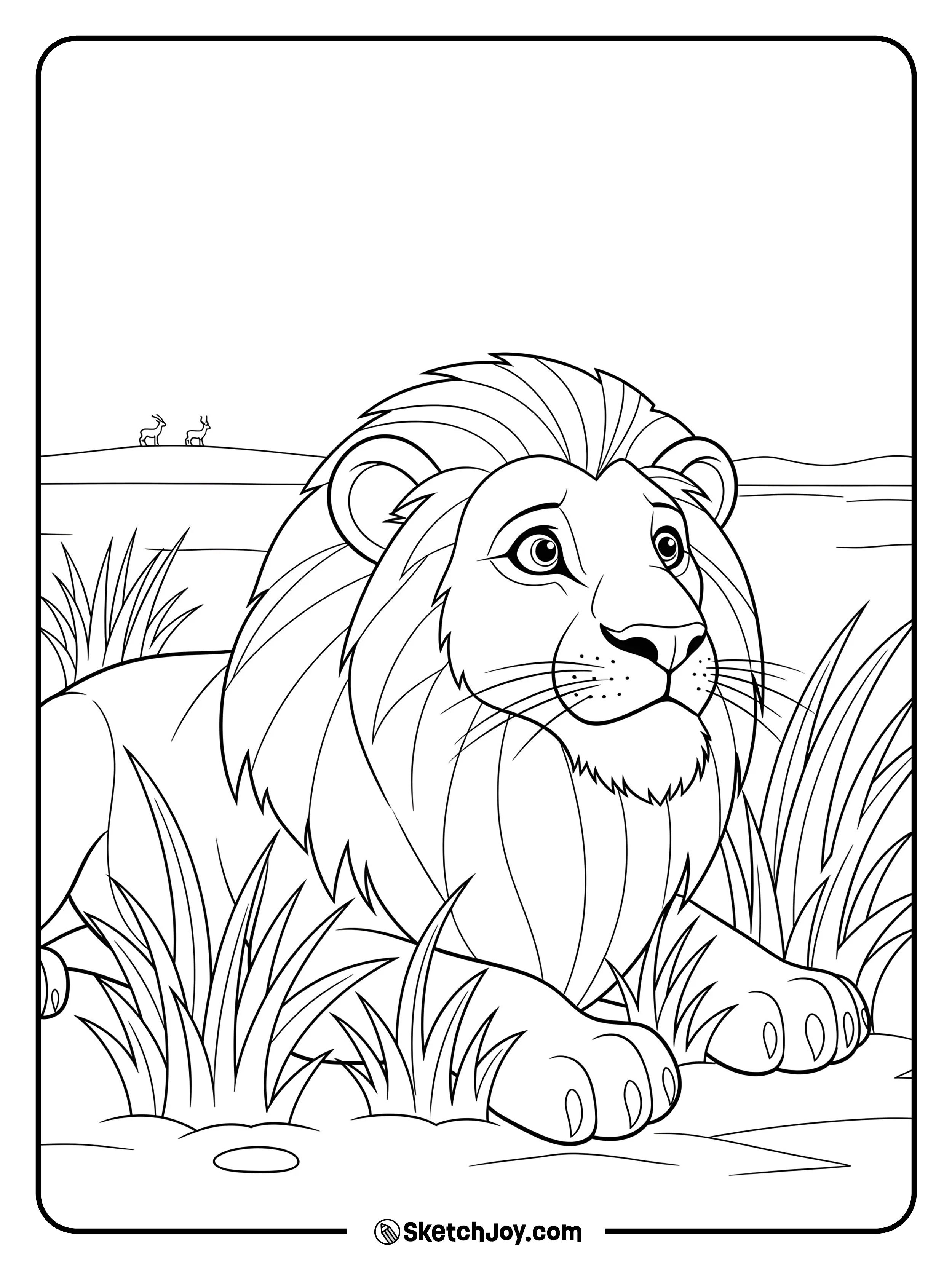A lion crouches in grass and observes a distant herd on the plain.