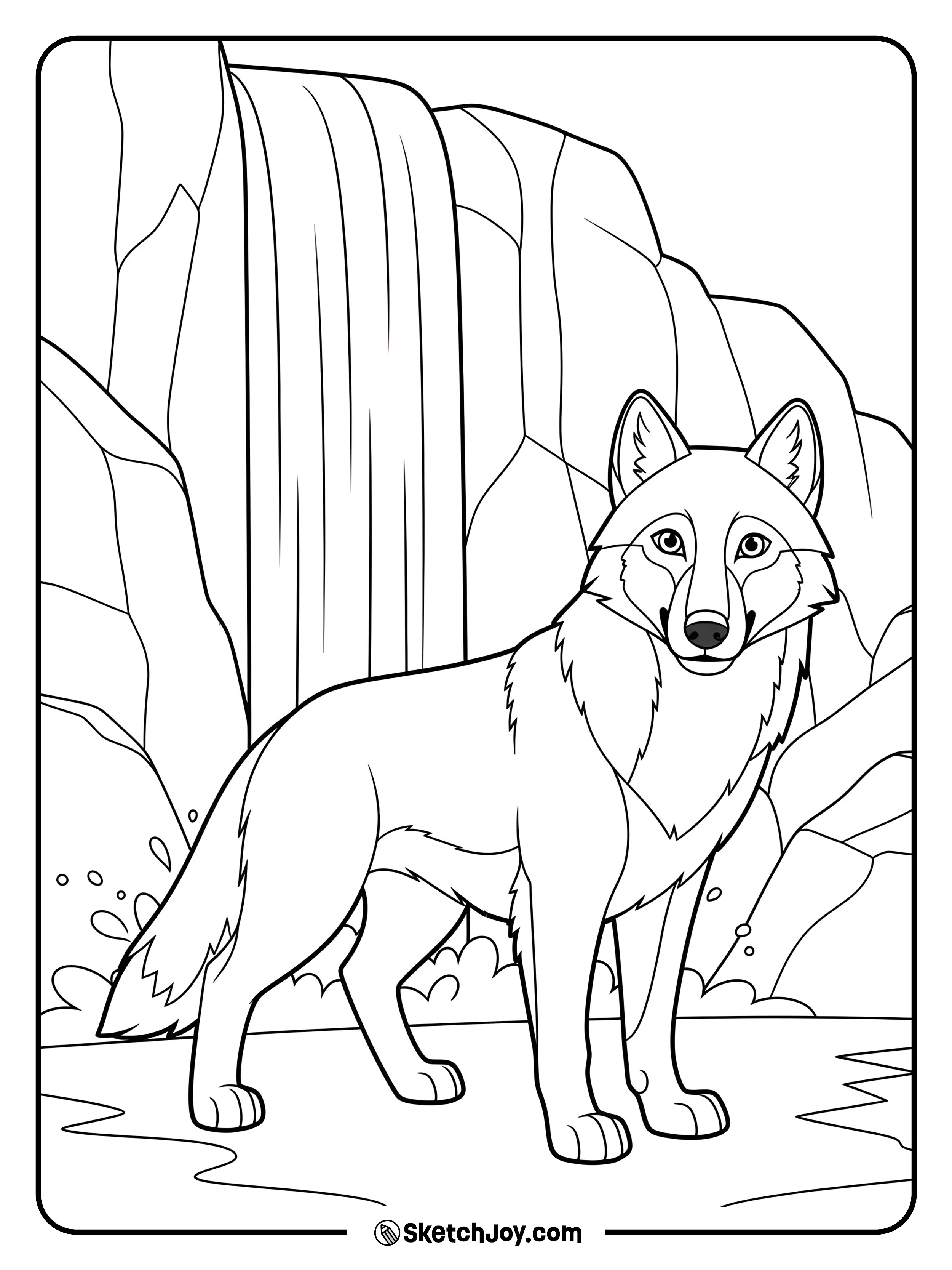A wolf stands near a tall waterfall.