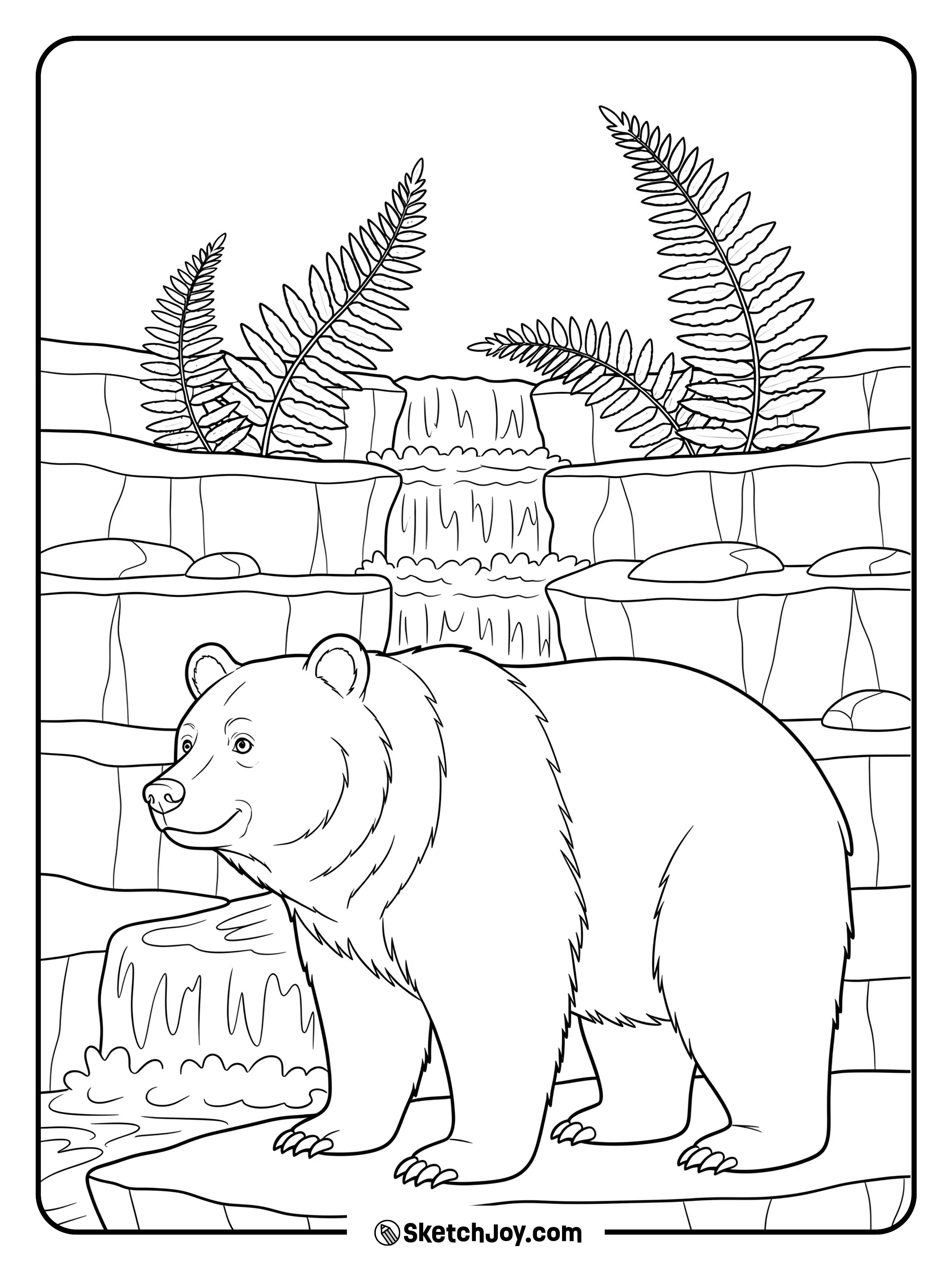A brown bear stands near a stepped waterfall framed by rocks and ferns.