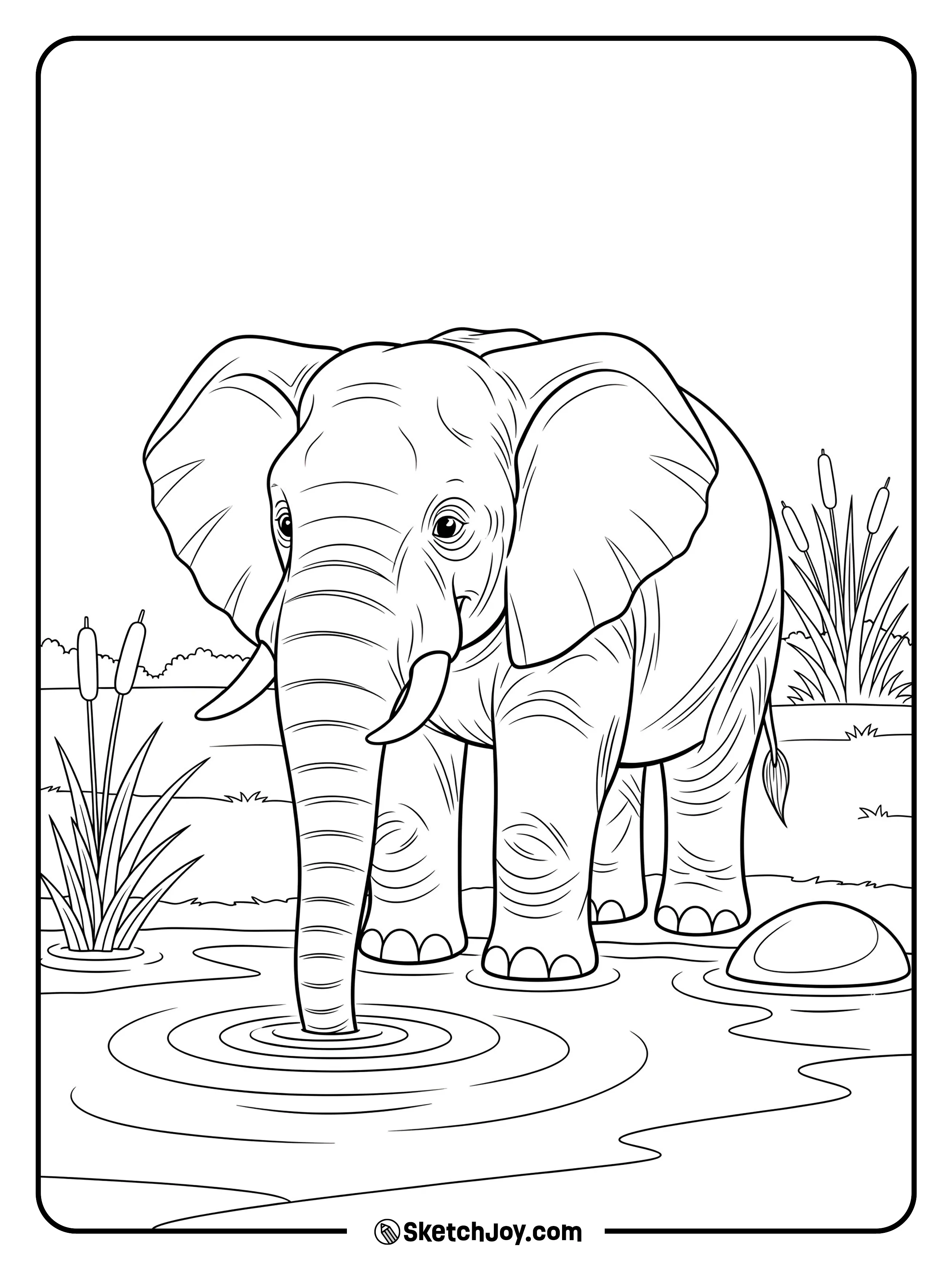 An elephant drinks at a quiet pool with a few reeds and a small rock.