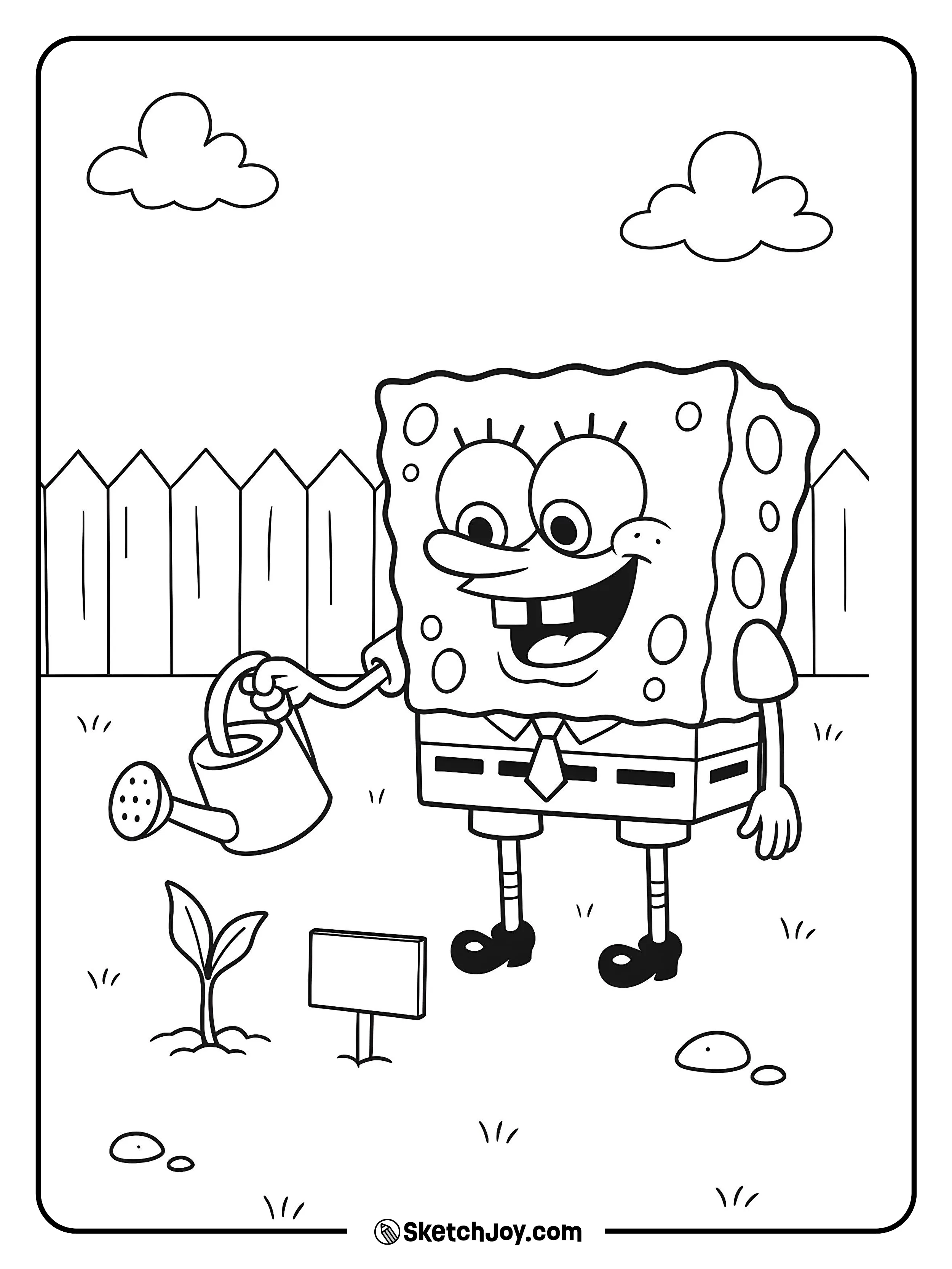 SpongeBob waters a small kelp plant behind his house.