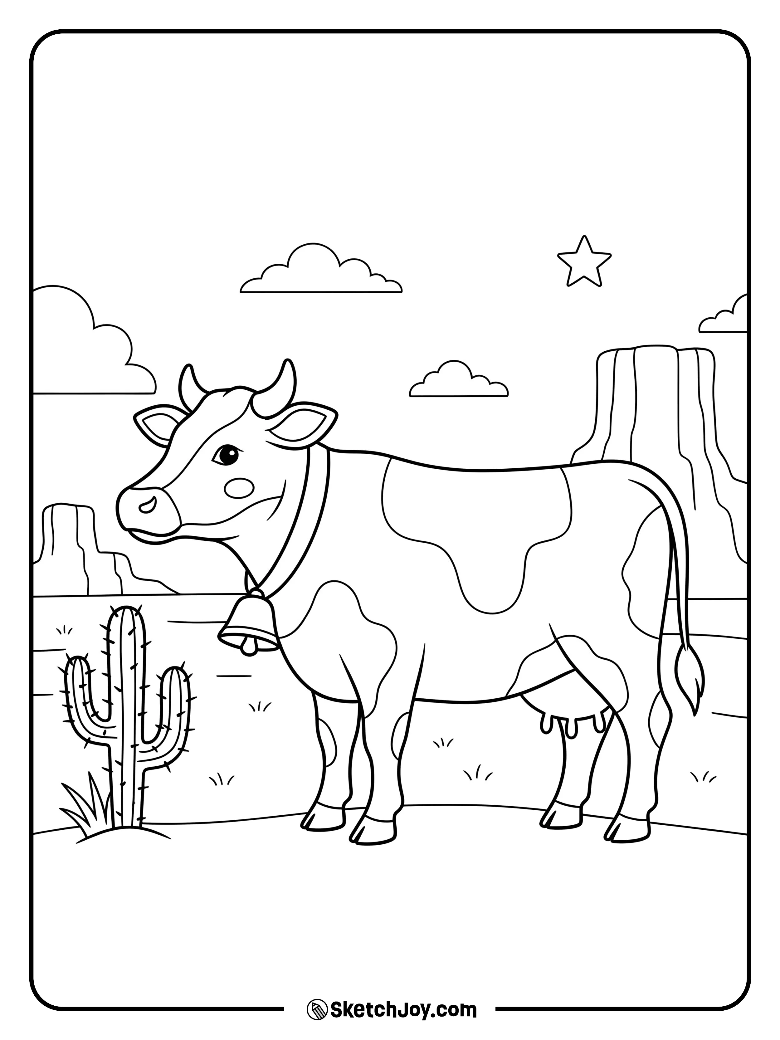 A calm cow with a bell stands near a small cactus.