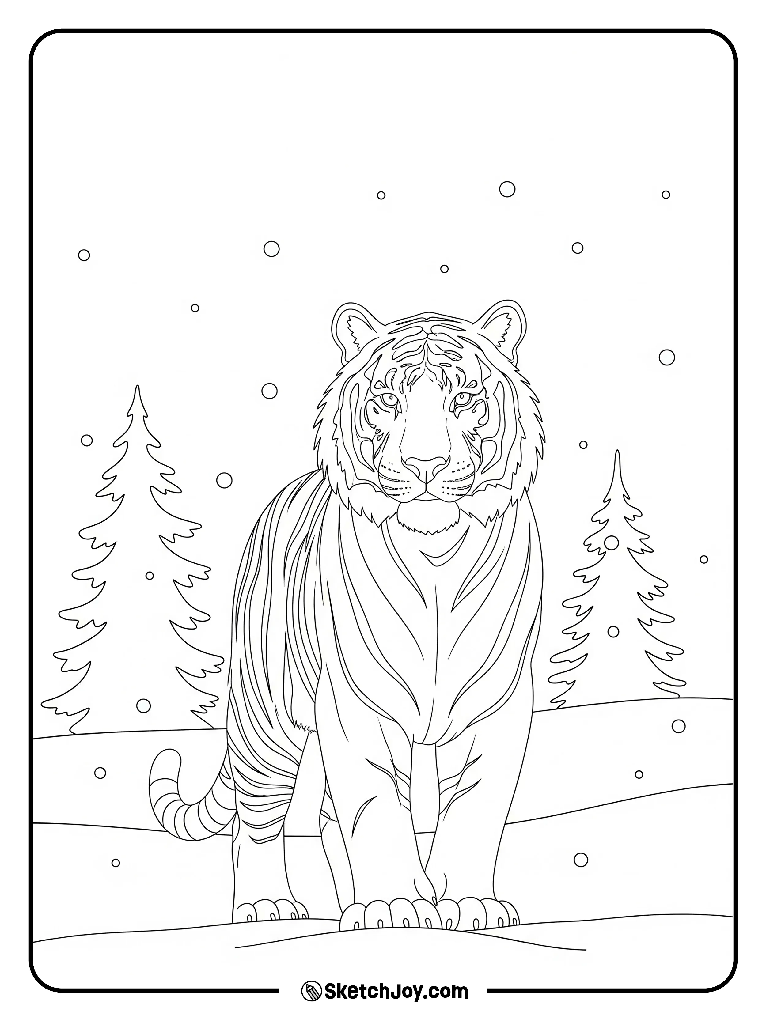 A white tiger stands in light snow with two pine trees.
