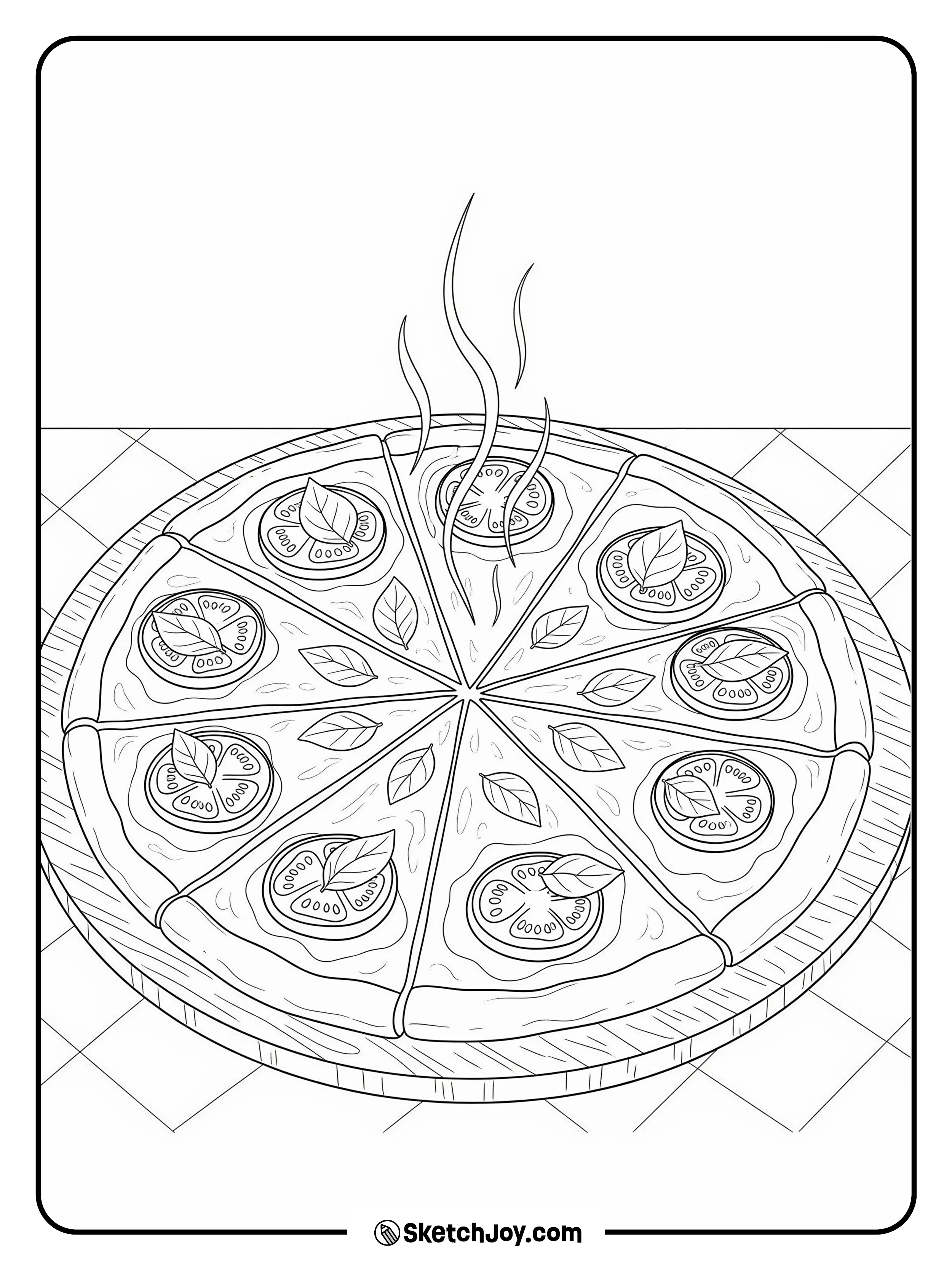 A full pie with tomato, basil, and cheese on a round board.